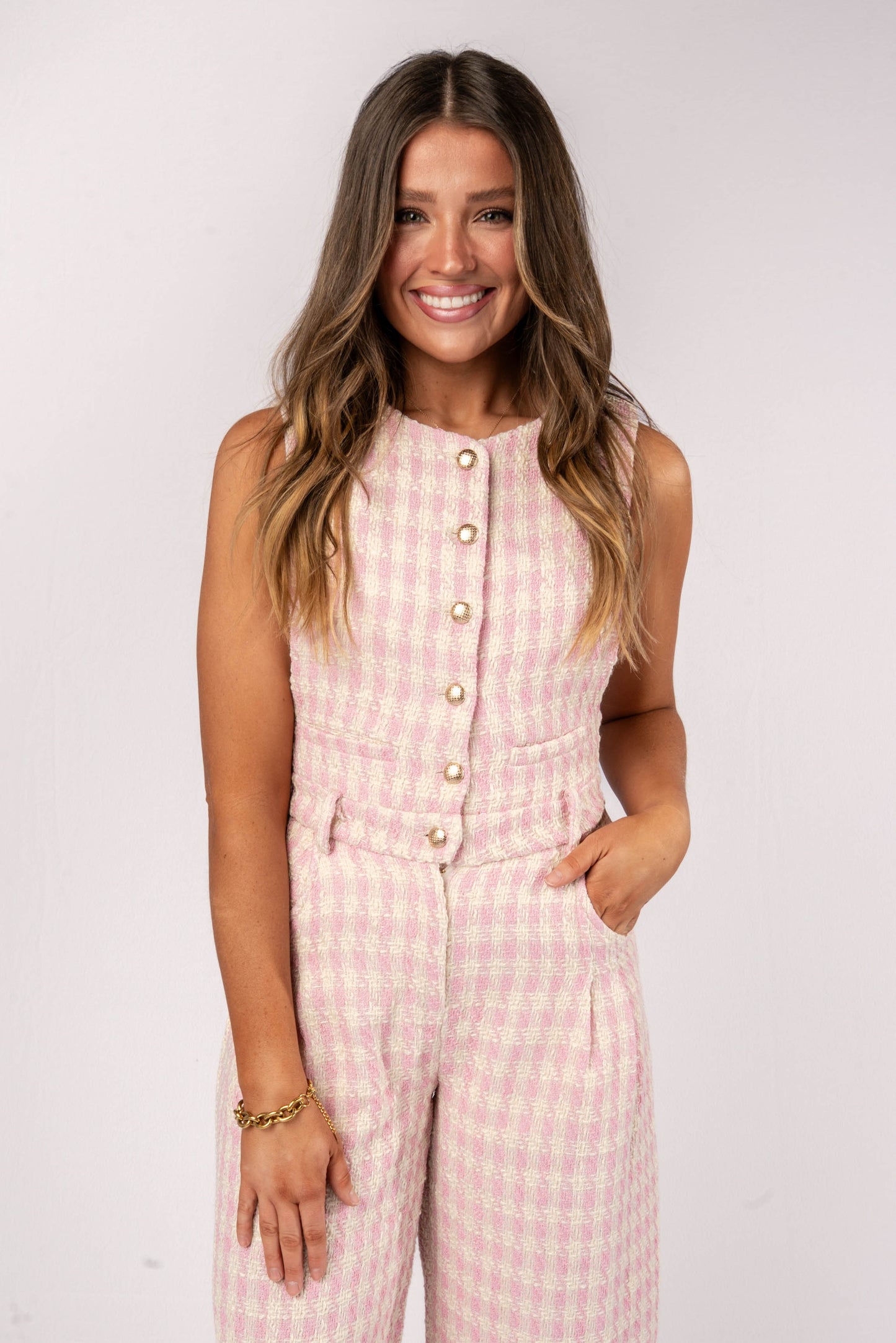 Tweed Plaid Sleeveless Button Detail Jumpsuit *Final Sale*