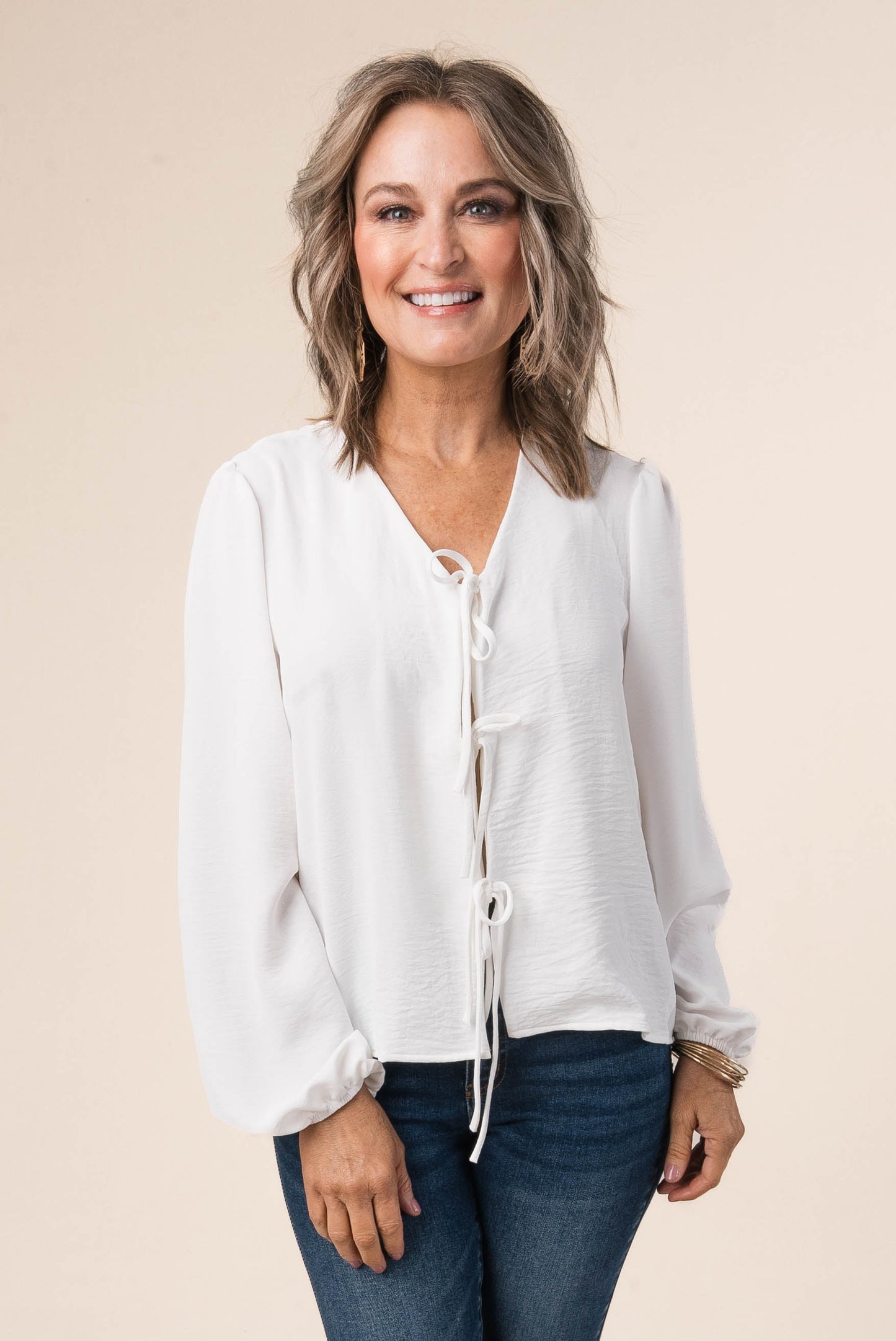 Crinkle Knit Tie Front Blouse