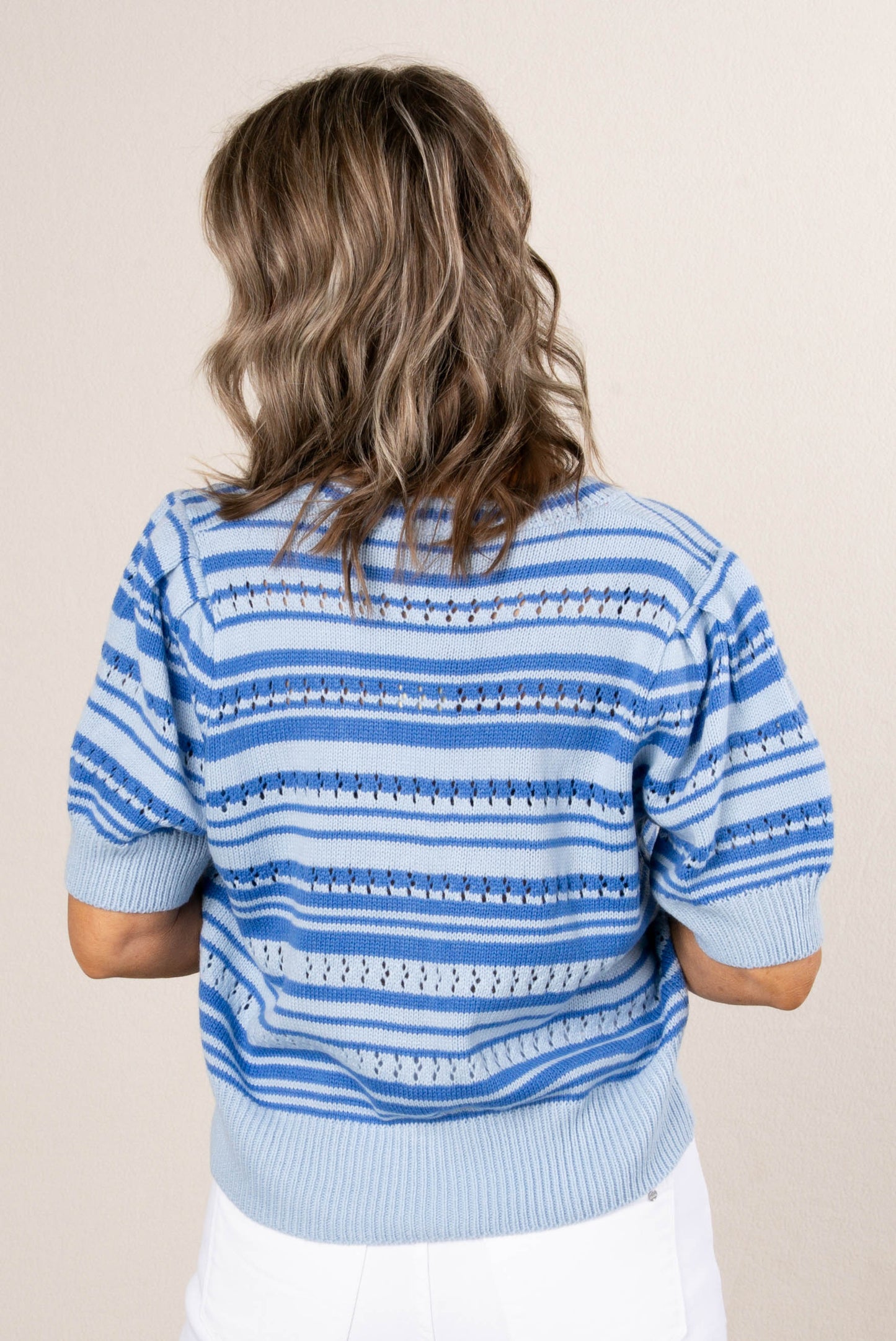 Striped Pointelle Knit Bow Front Sweater