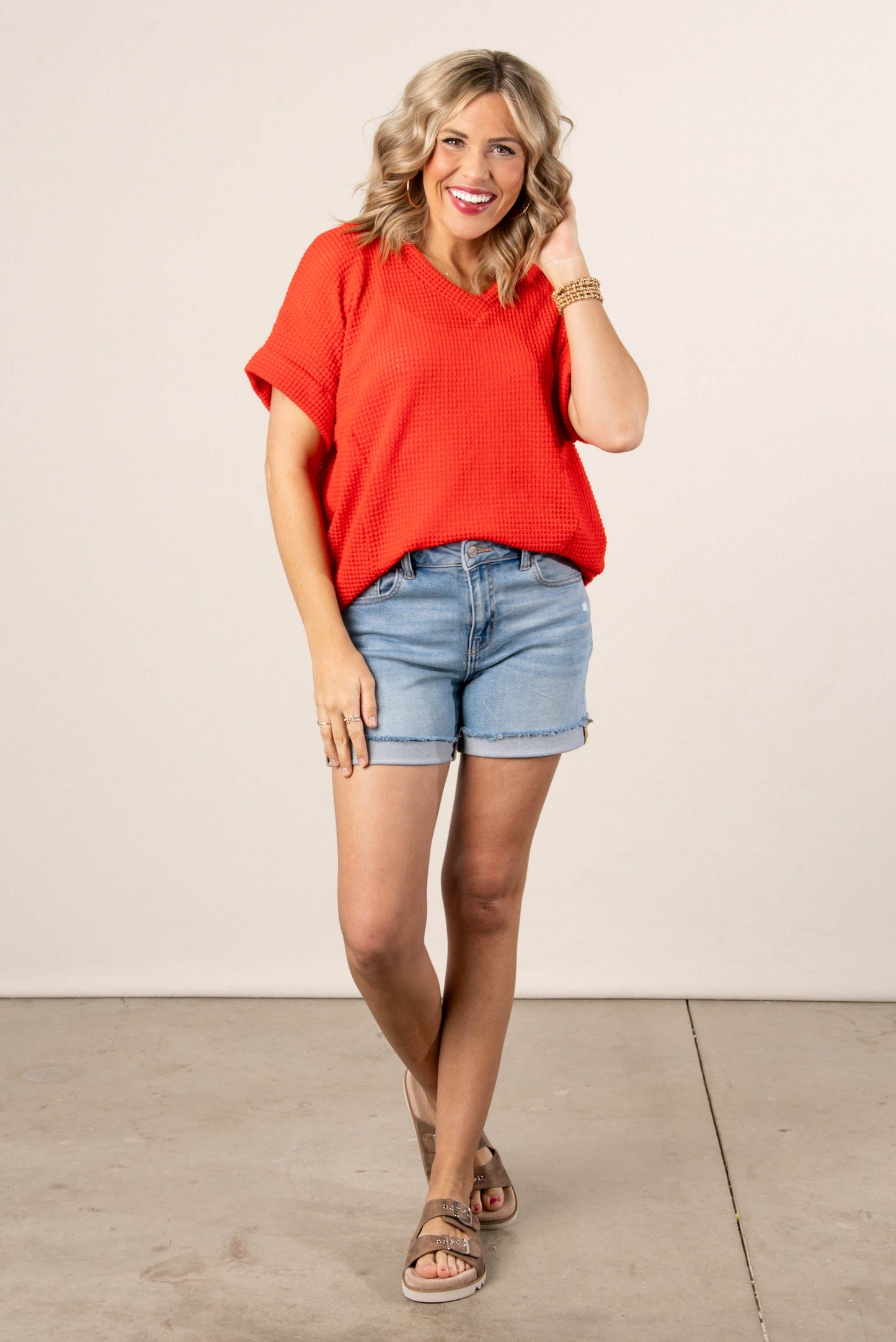 Waffle Knit Cuffed Sleeve Top