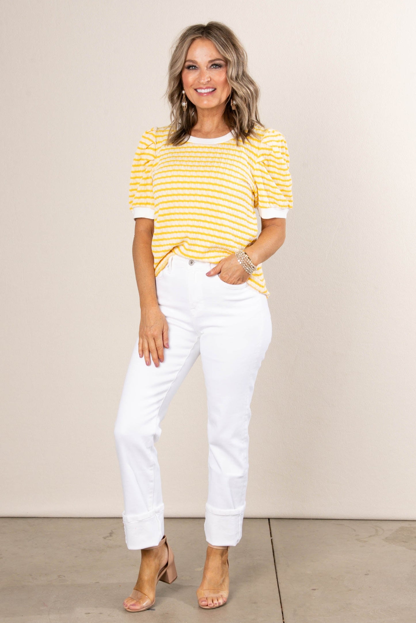 Striped Knit Puff Sleeve Sweater