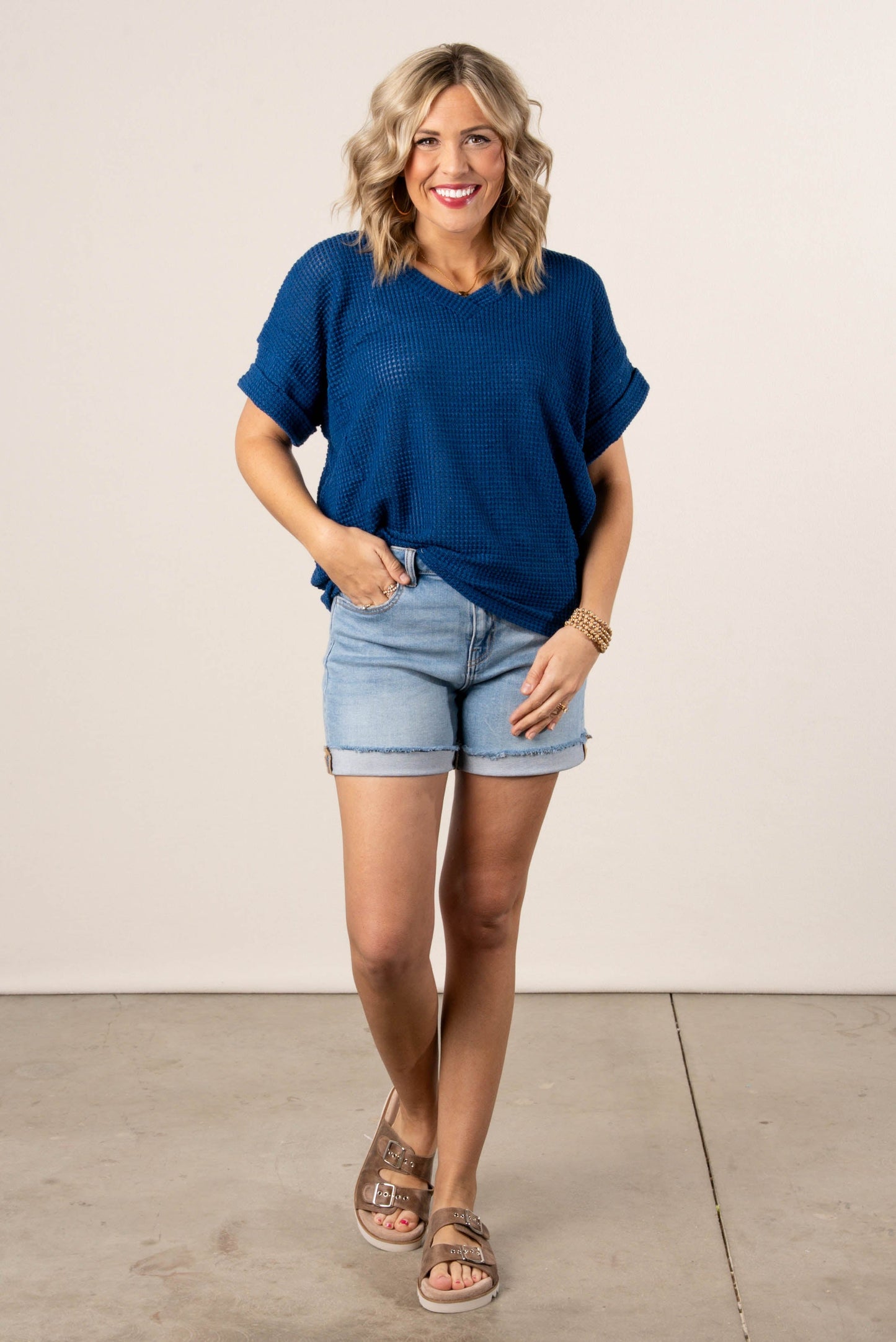 Waffle Knit Cuffed Sleeve Top