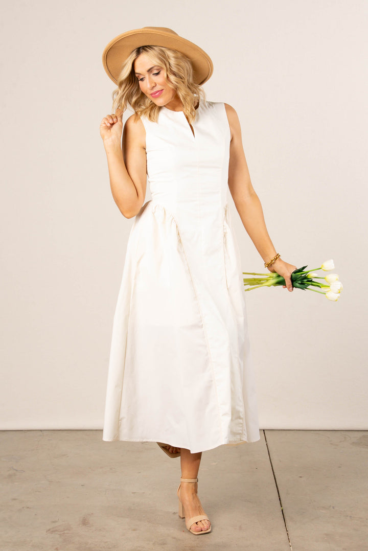 Split Neck Gathered Detail Maxi Dress