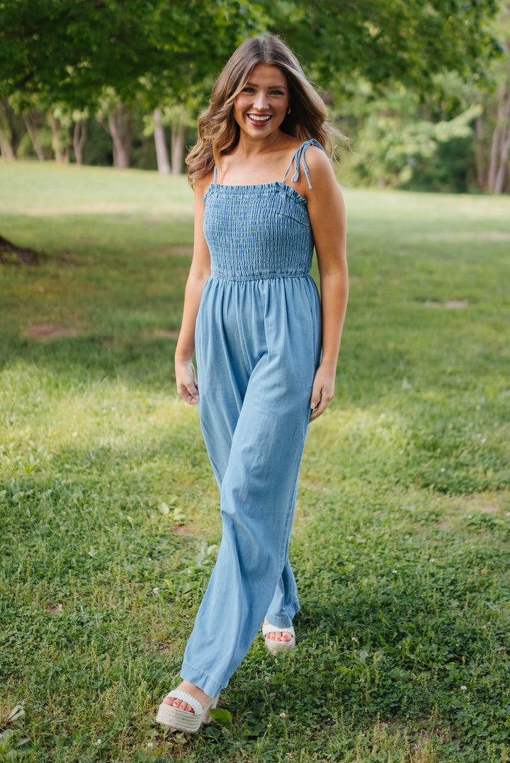 Chambray Smocked Tie Shoulder Jumpsuit