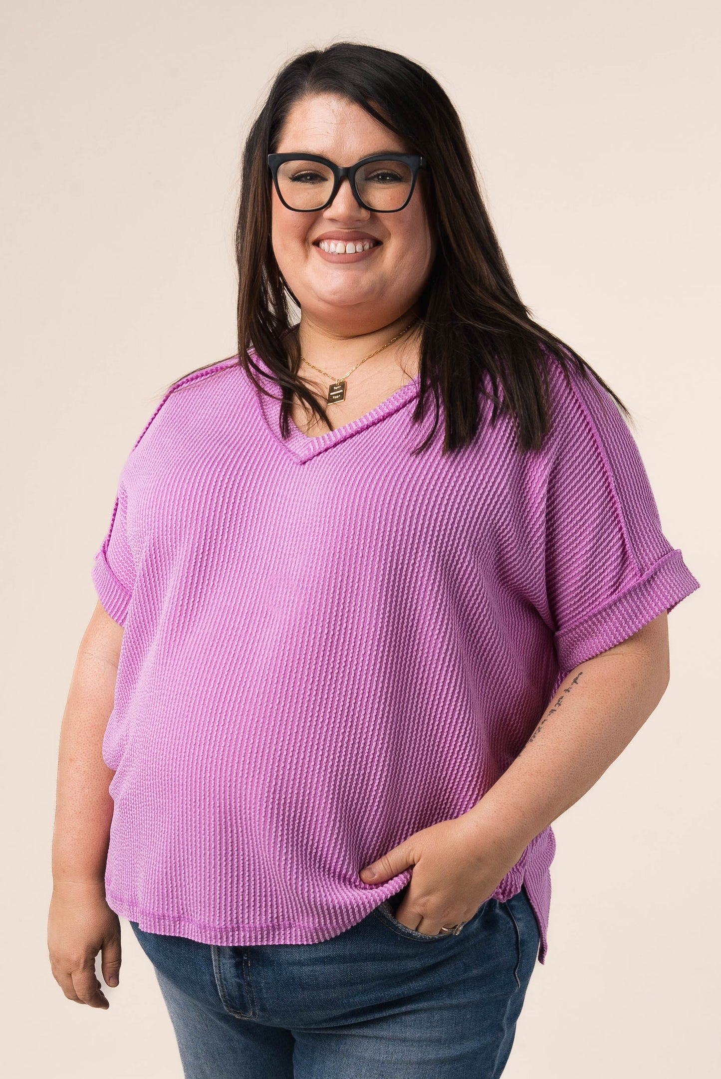 Corded Rib Exposed Seam V-Neck Top