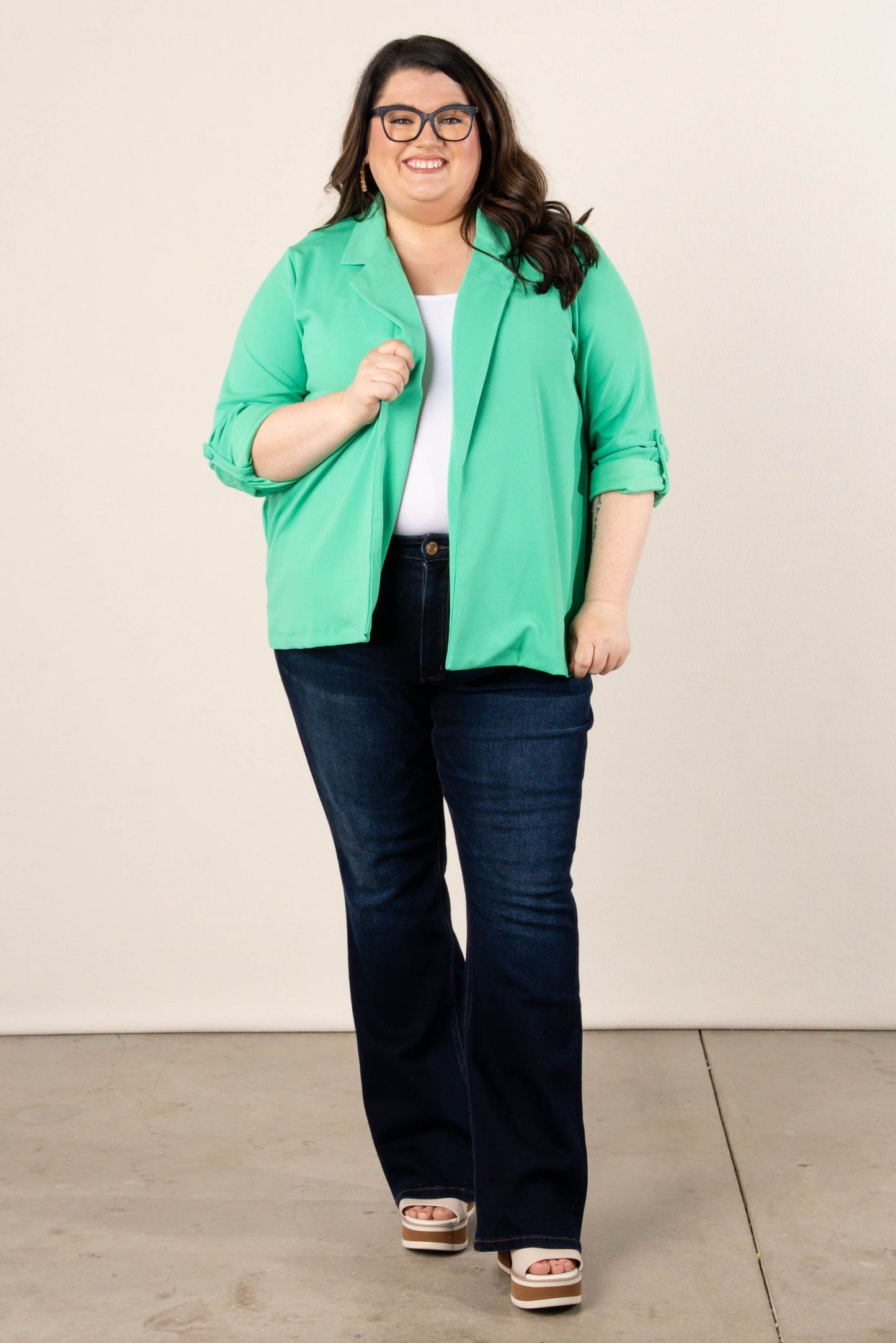 Open Front Tab Sleeve Blazer