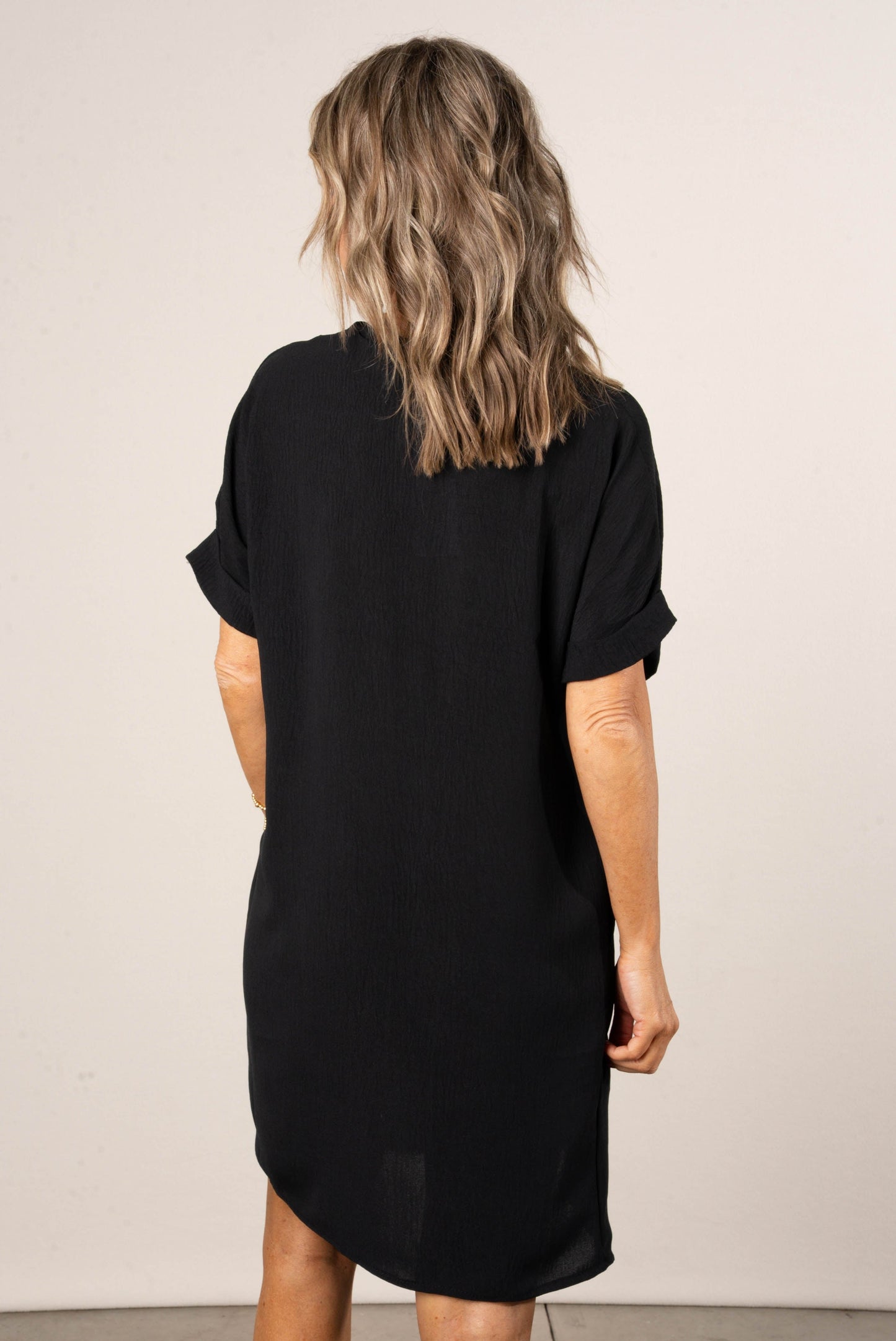 Front Pleat Cuffed Sleeve Shift Dress