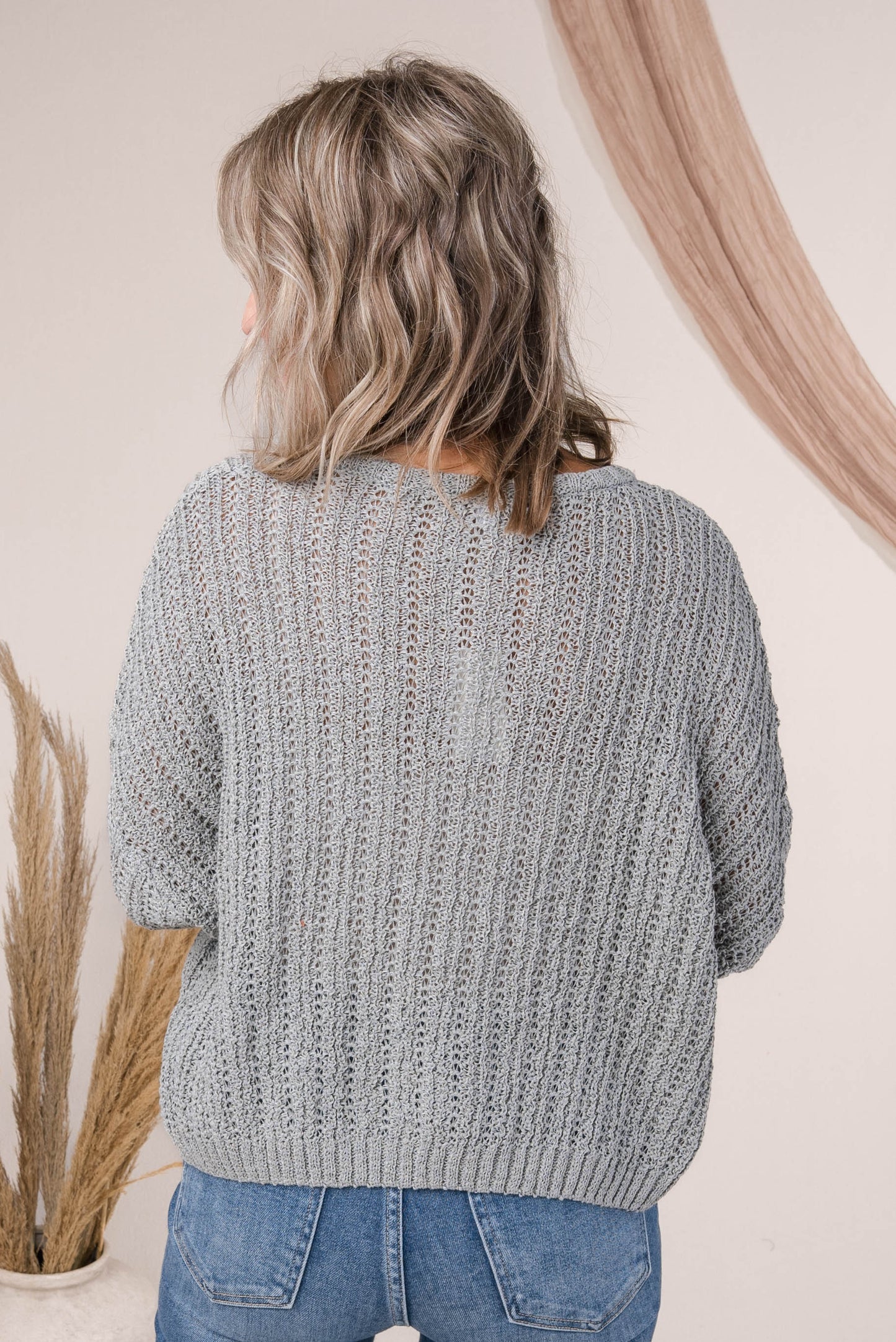 Open Knit Cropped Henley Sweater