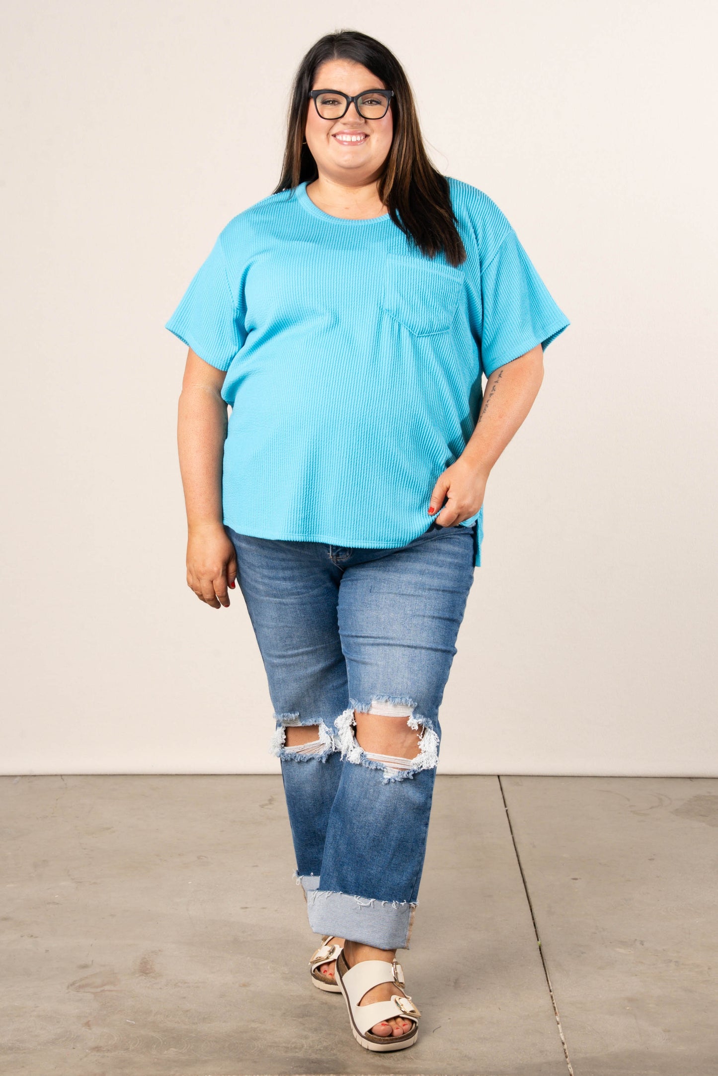 Ribbed Drop Shoulder Pocket Top