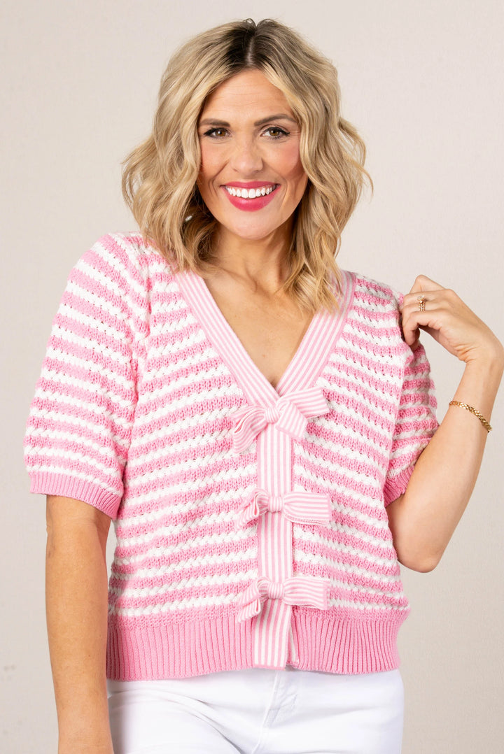 Mixed Stripe Bow Front Cardigan