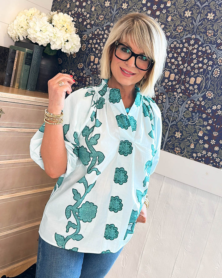 Bloom Bright Floral Smocked Collar Top