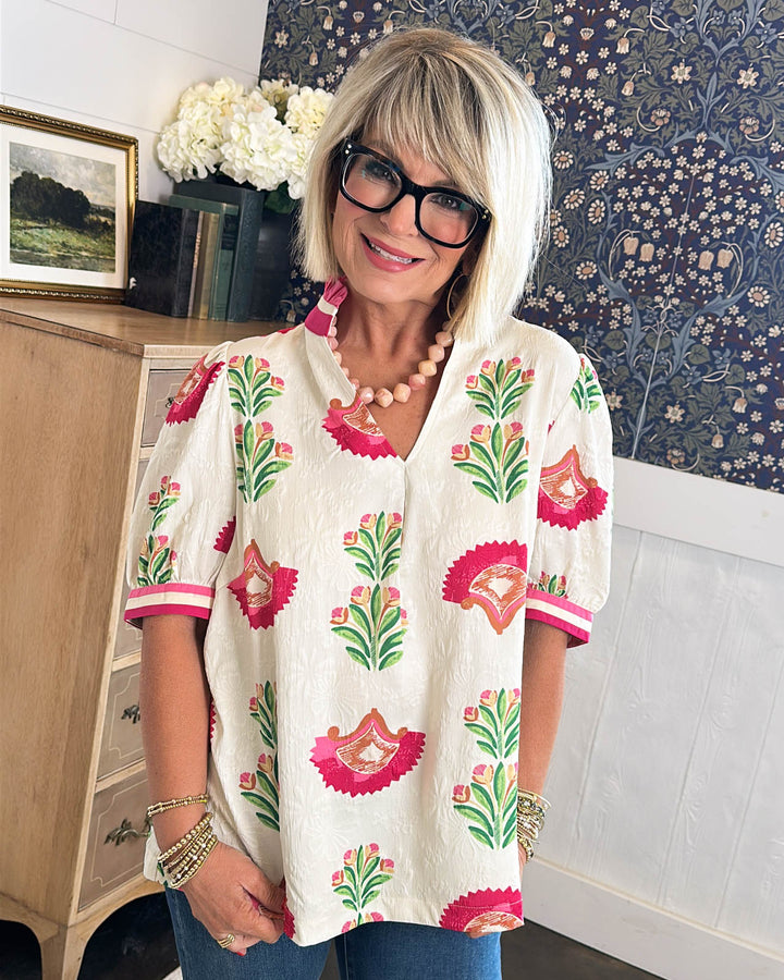 Painted Petal Floral Abstract Frill Neck Top