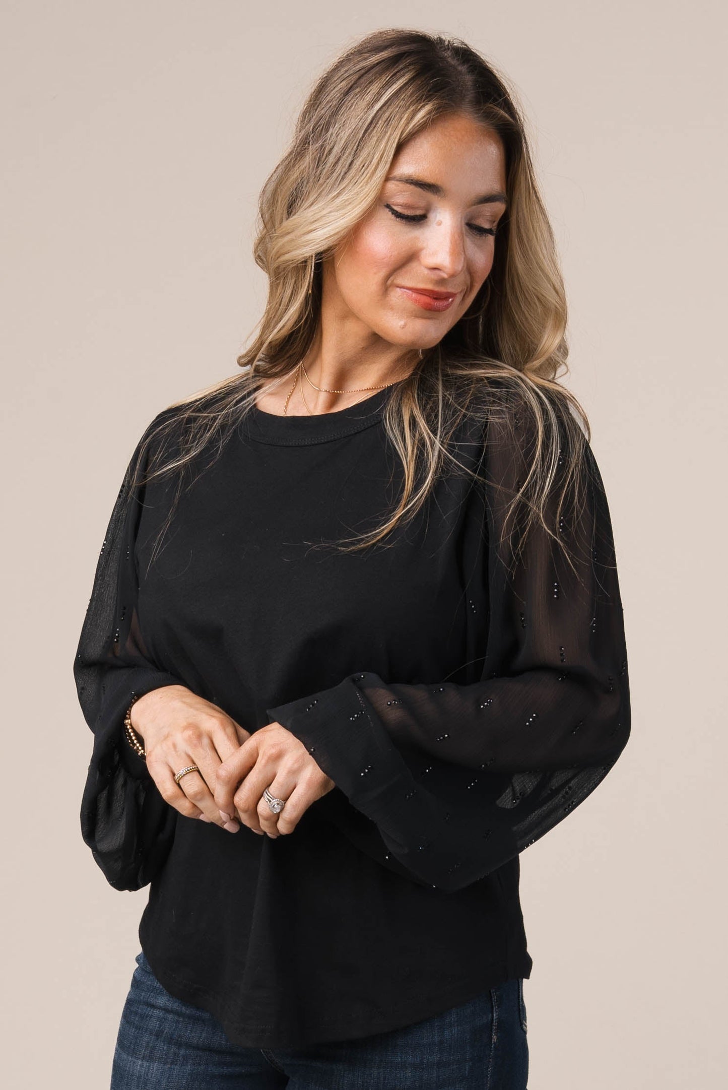 Slub Knit Embellished Sleeve Top *Final Sale*