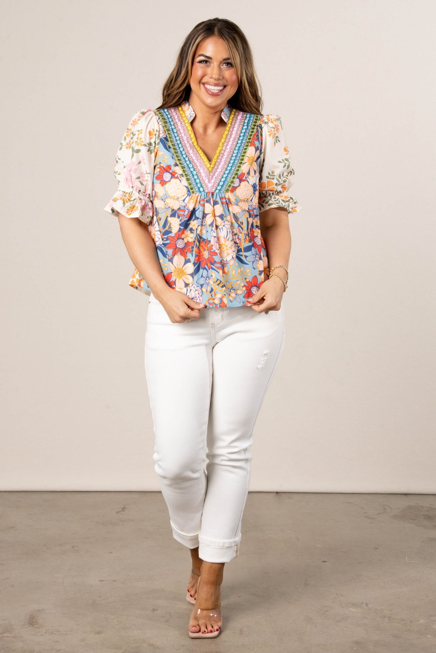 Georgia Mae Floral Block Embroidered Neck Top