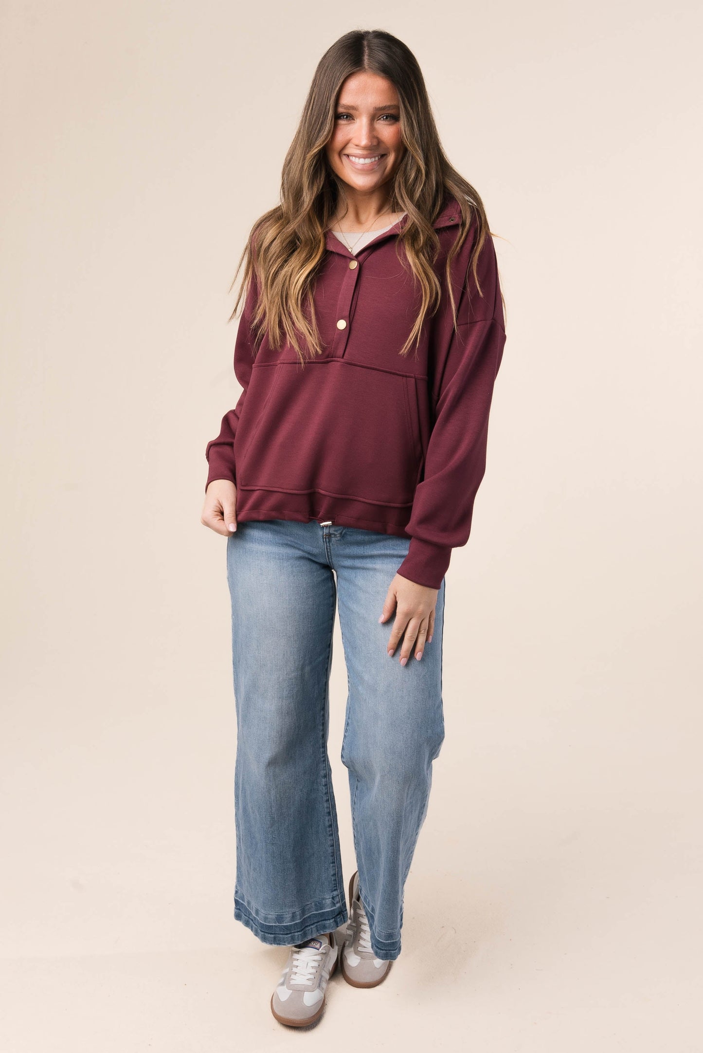 Half Snap Drawstring Waist Pullover