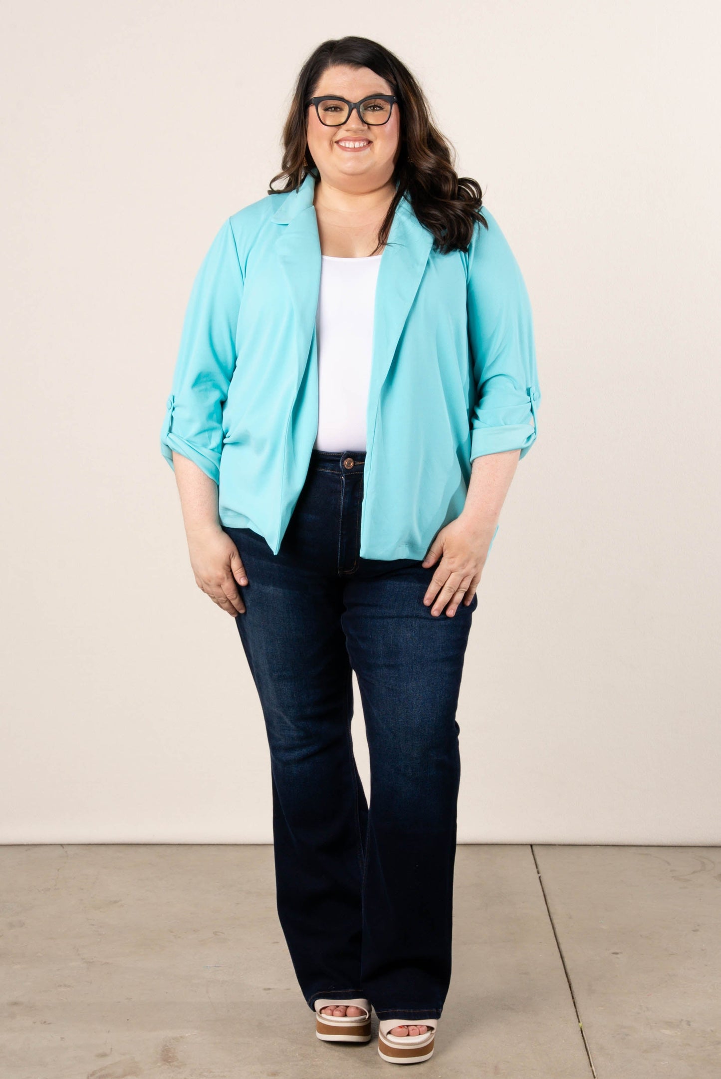 Open Front Tab Sleeve Blazer