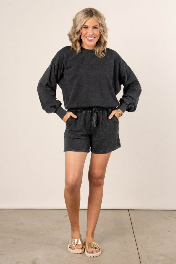 Washed French Terry Pullover + Shorts Set - Black