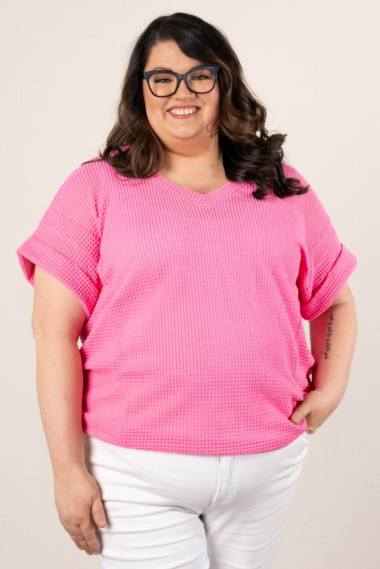 Waffle Knit Cuffed Sleeve Top