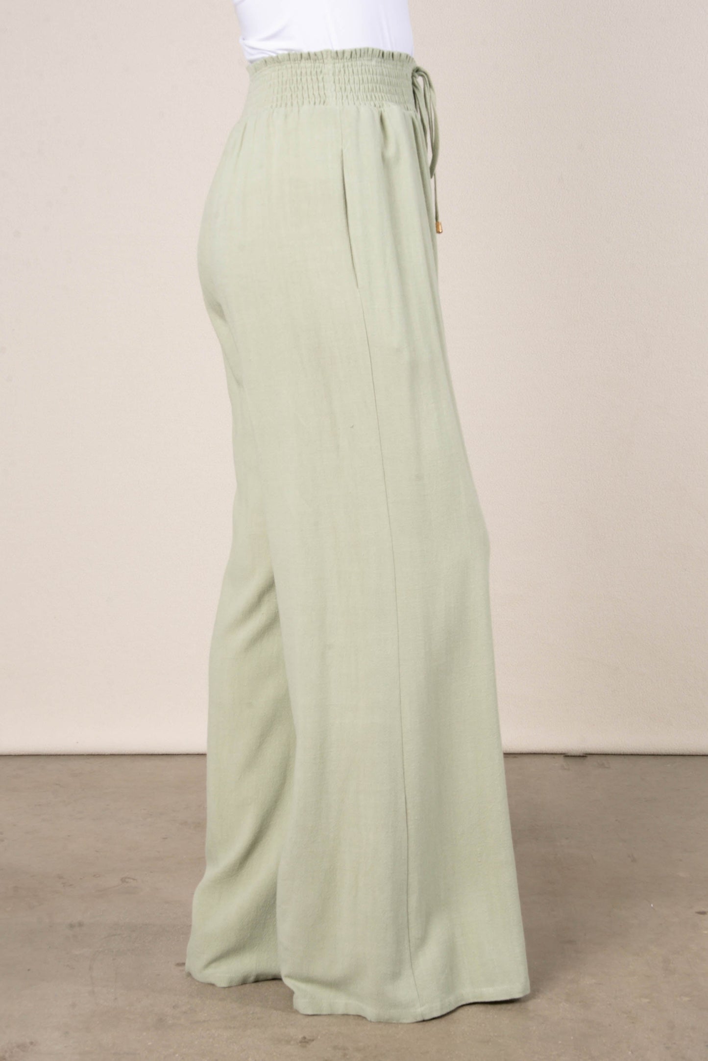 Linen Smocked Waist Wide Leg Pants