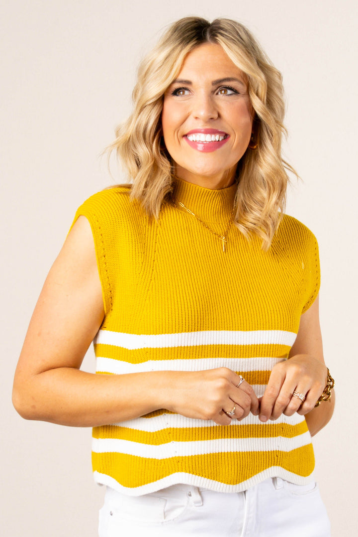 Stripe Mock Neck Scallop Hem Sweater