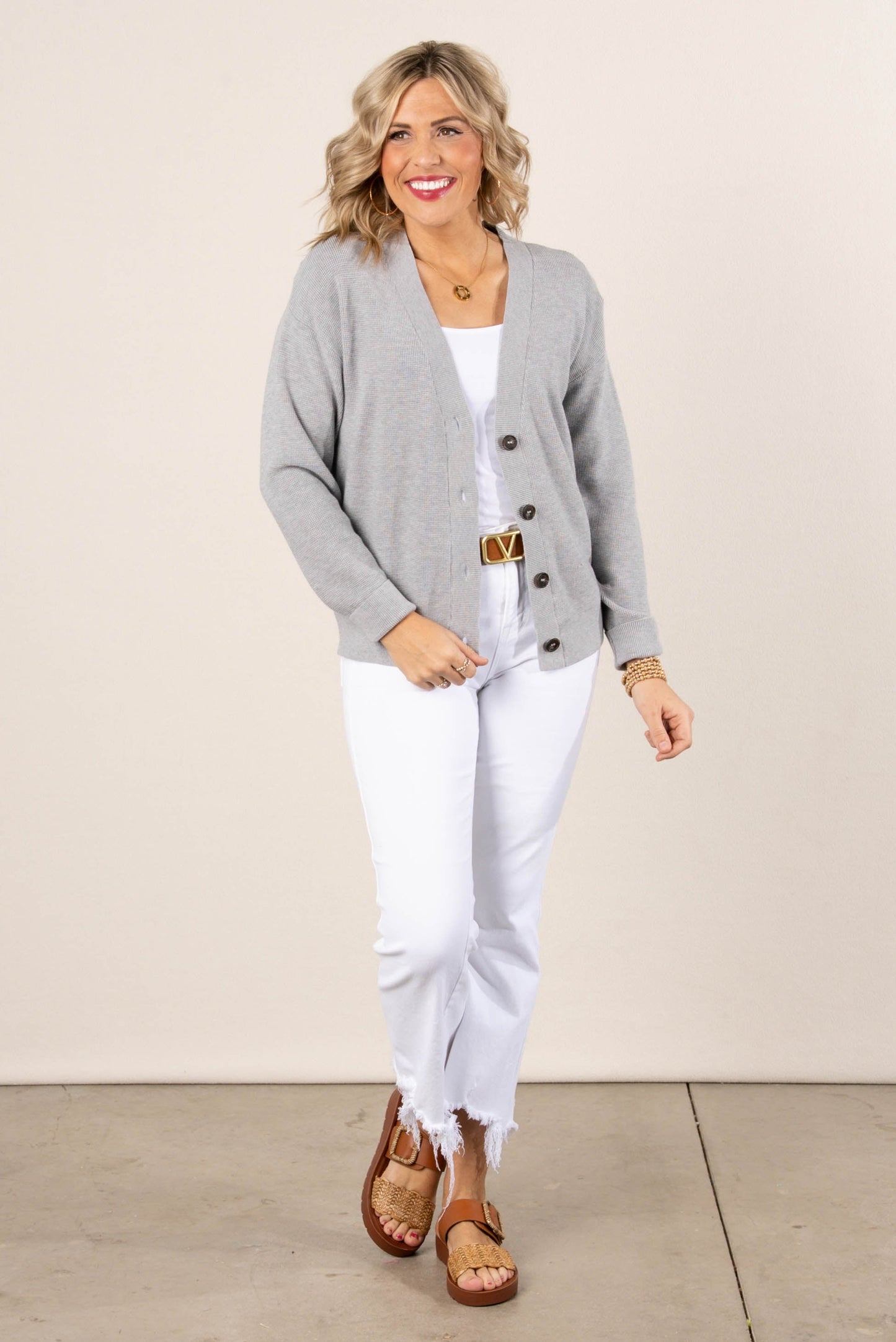 Mini Waffle Knit Button Up Cardigan