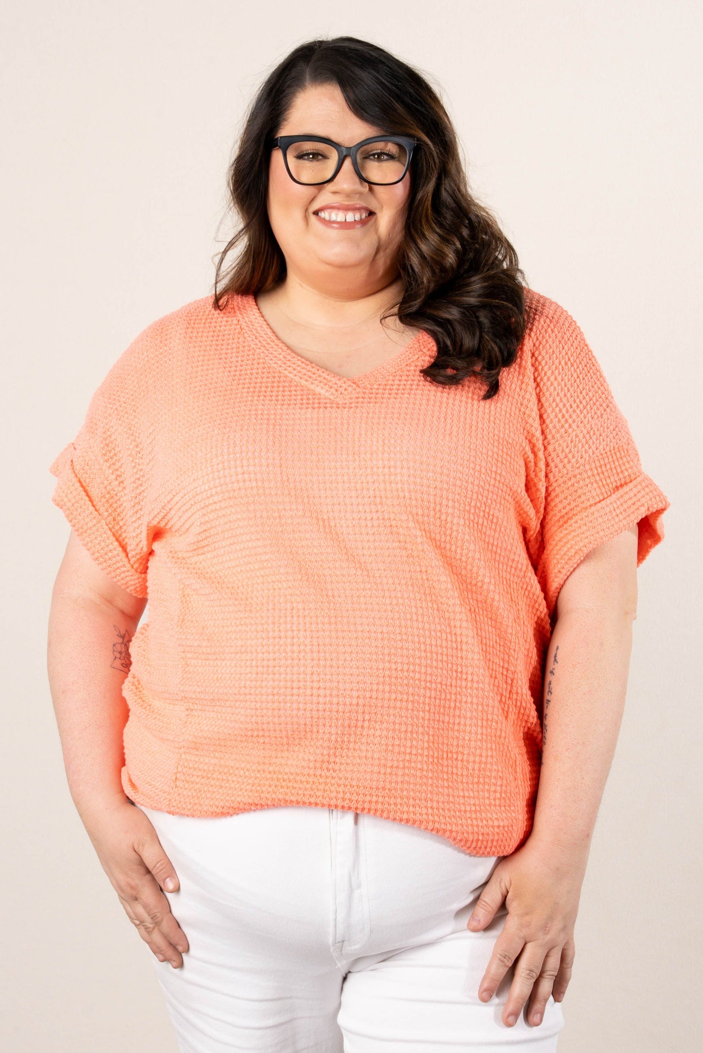 Waffle Knit Cuffed Sleeve Top