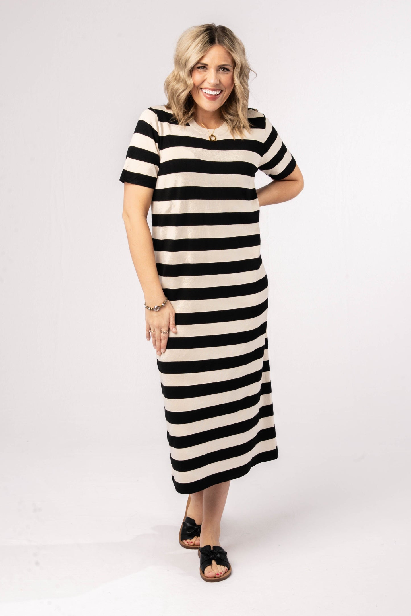 Striped Button Shoulder Midi Dress