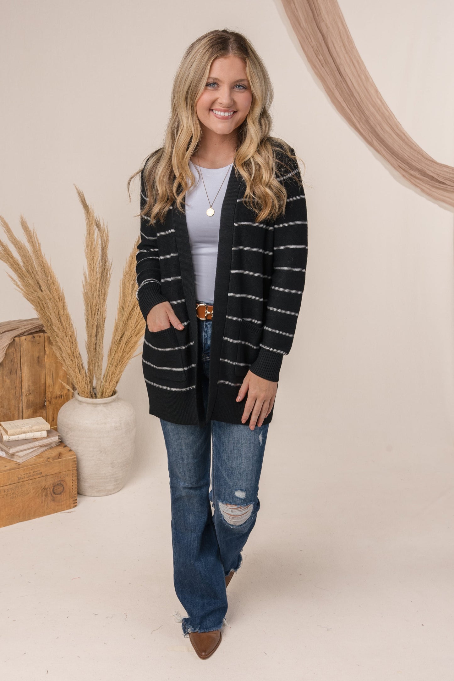 Striped Open Front Cardigan