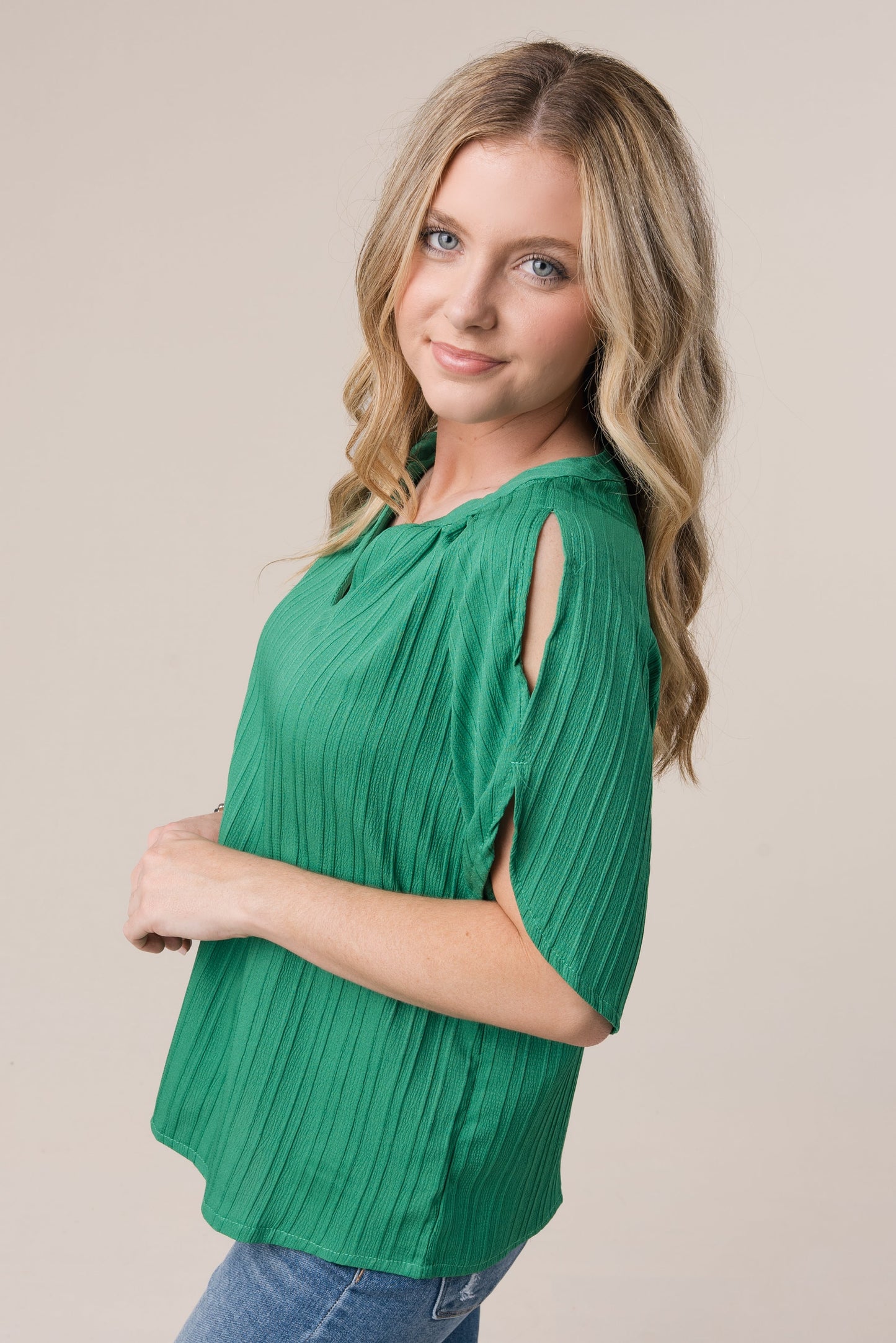 Raised Stripe Cold Shoulder Blouse