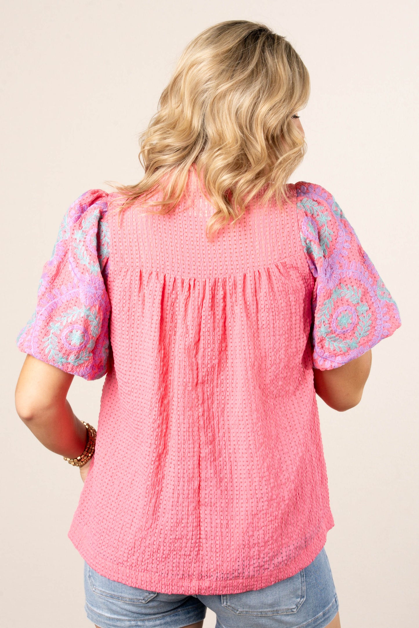 Seersucker Embroidered Sleeve Top
