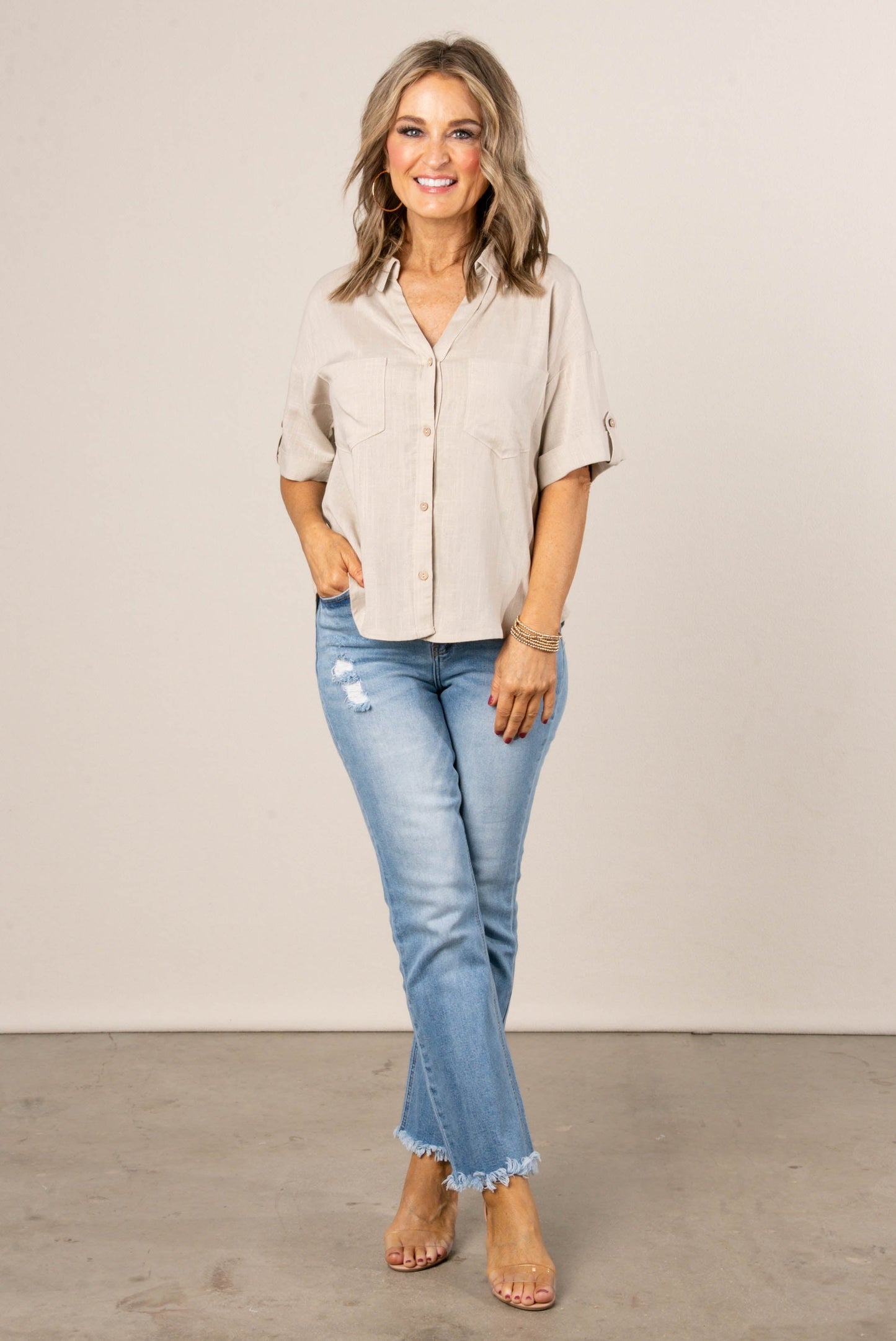 Linen Blend Tab Sleeve Shirt
