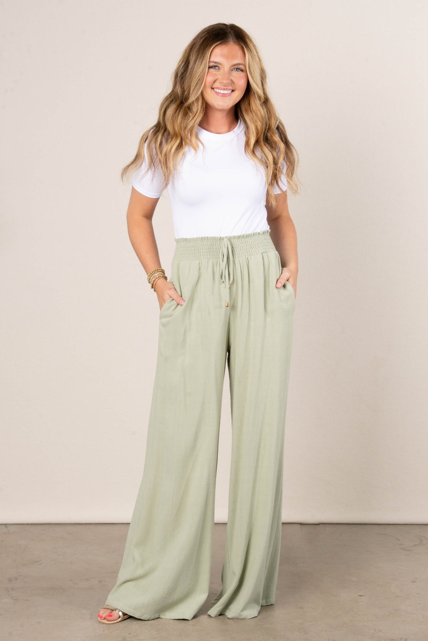Linen Smocked Waist Wide Leg Pants