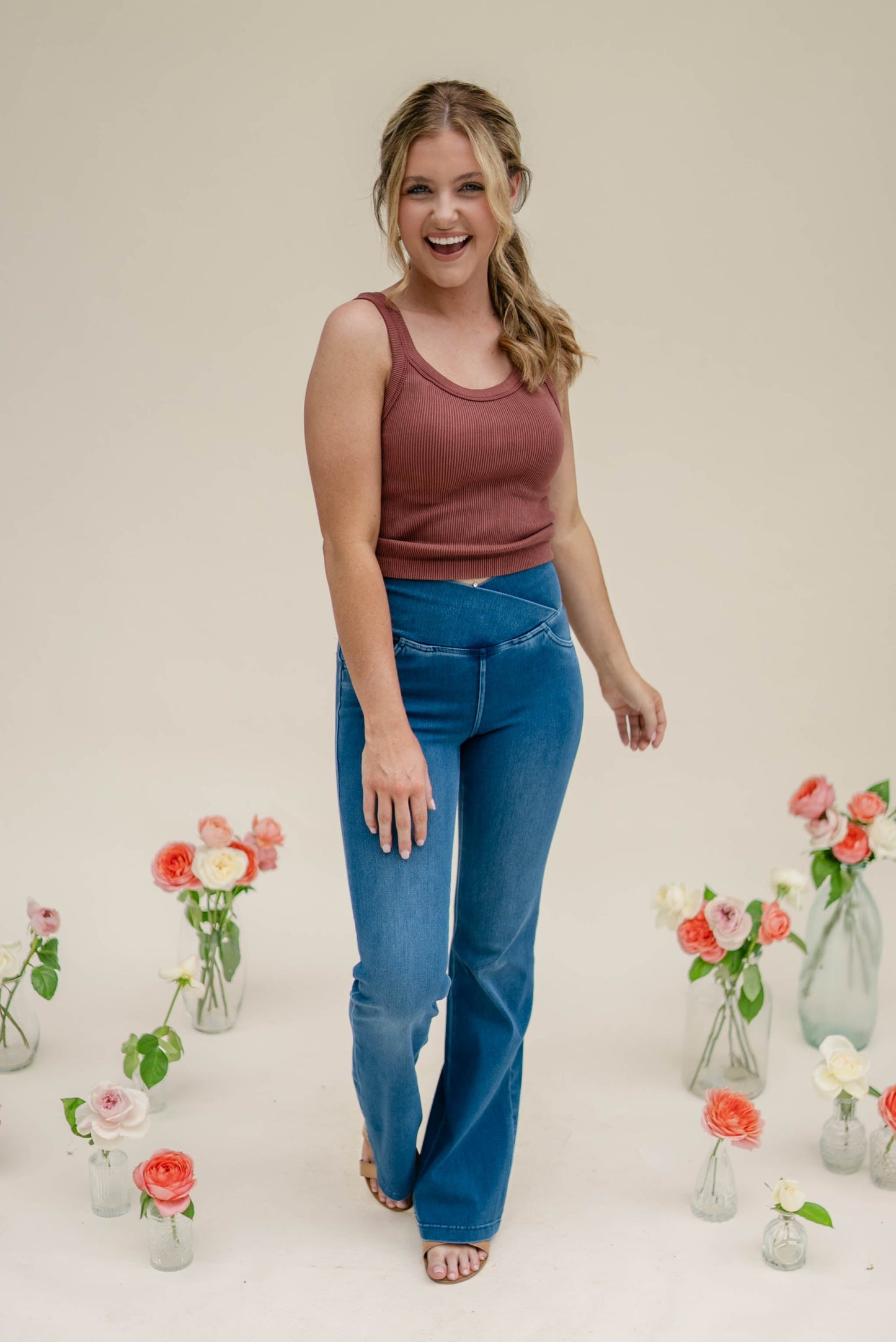 Pull-On High Crossover Waist Flare Jeans *Final Sale*