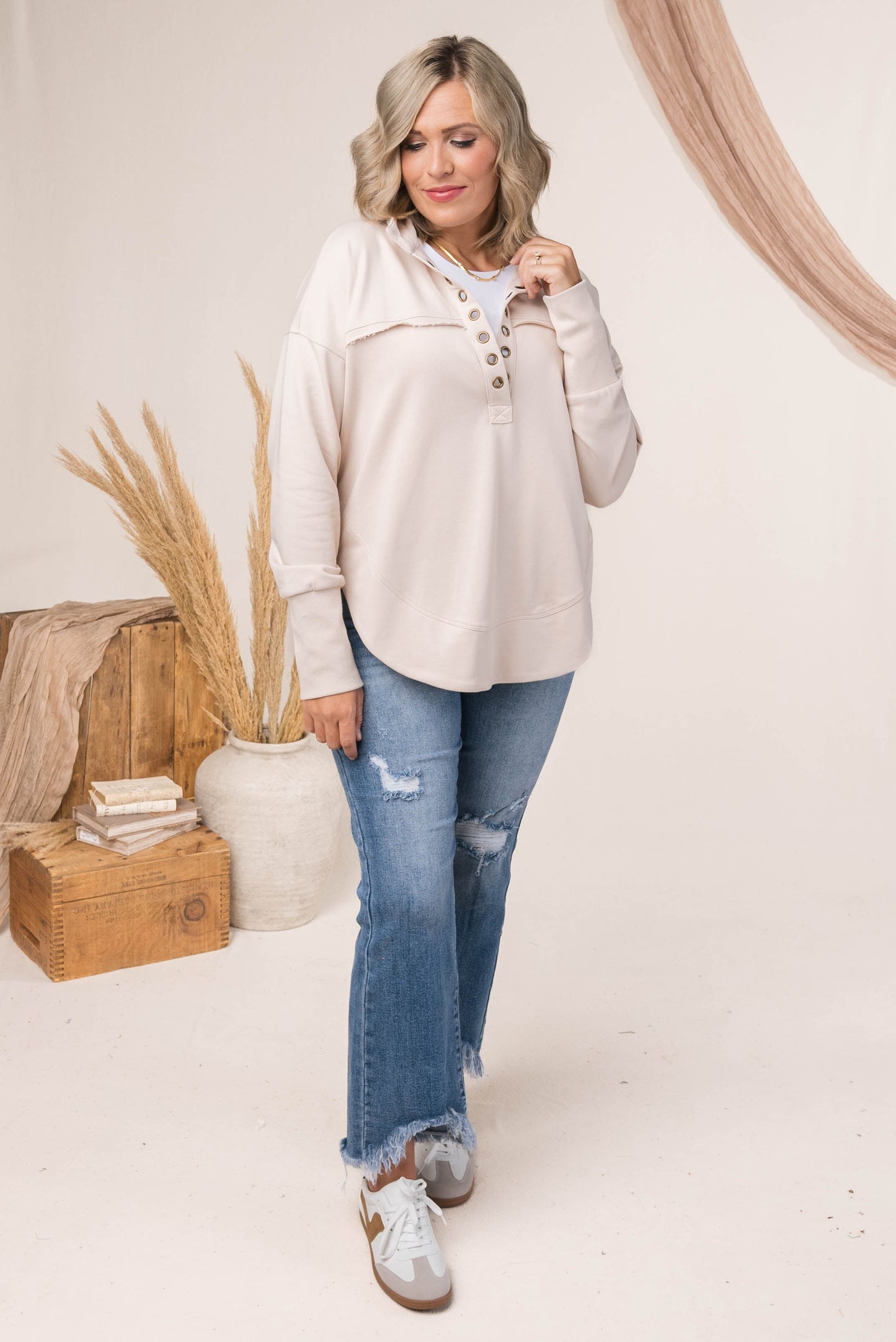 Grommet Neck Thumbhole Pullover