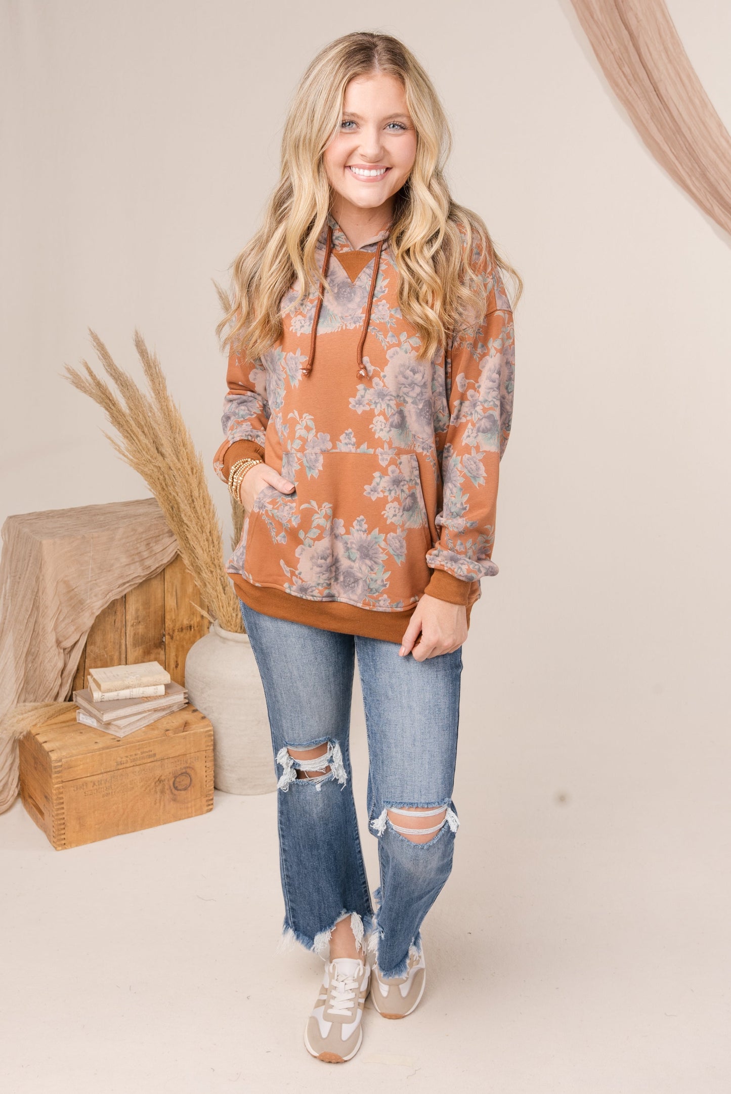 Floral Drawstring Hooded Top