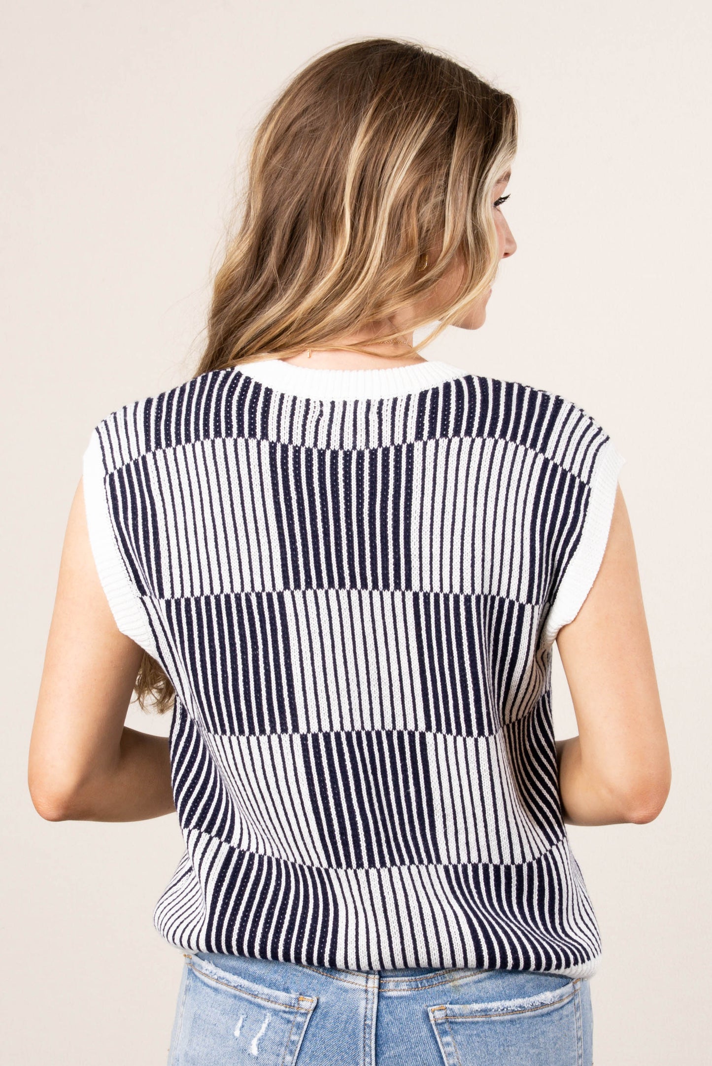 Checkered Stripe Cap Sleeve Sweater