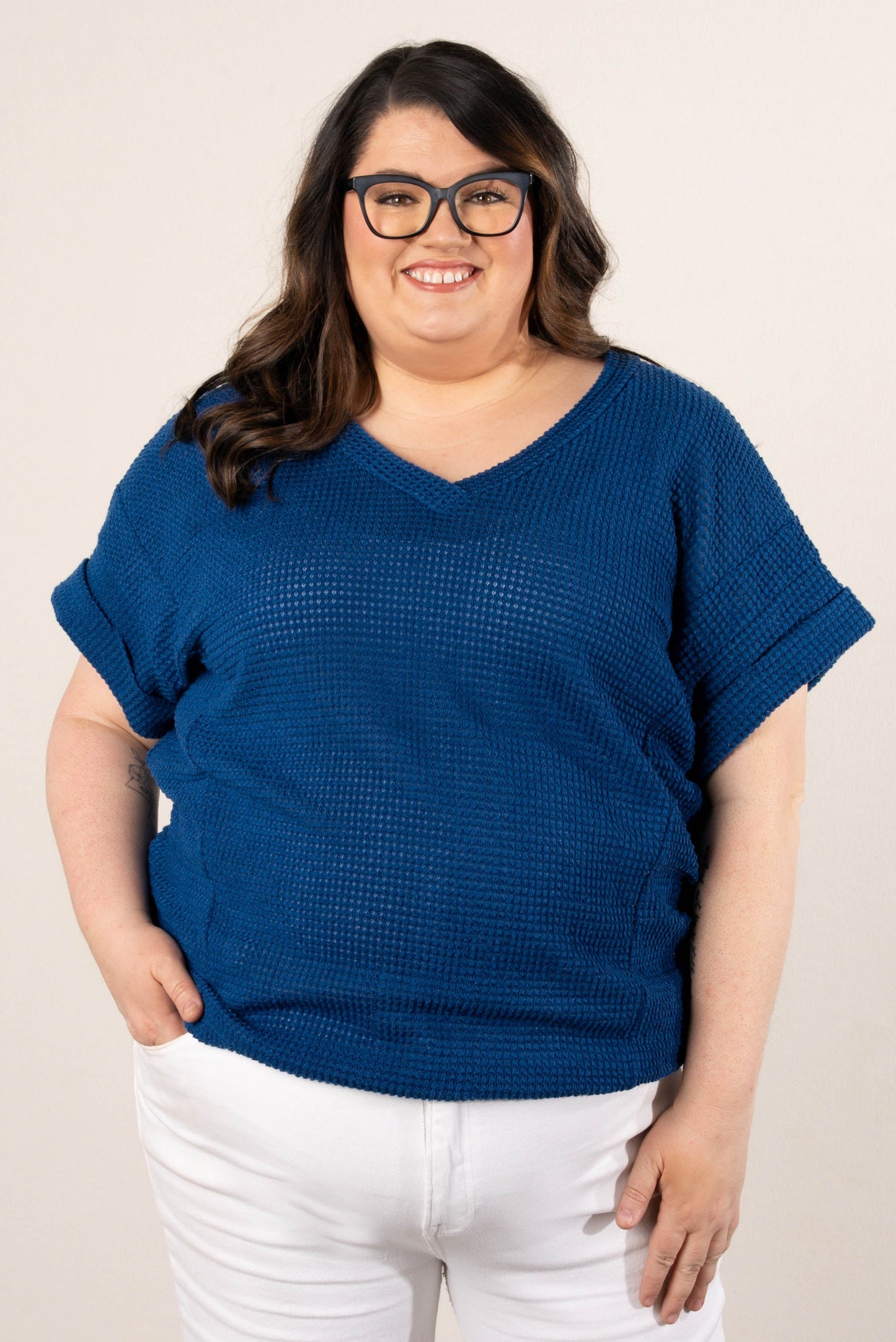 Waffle Knit Cuffed Sleeve Top