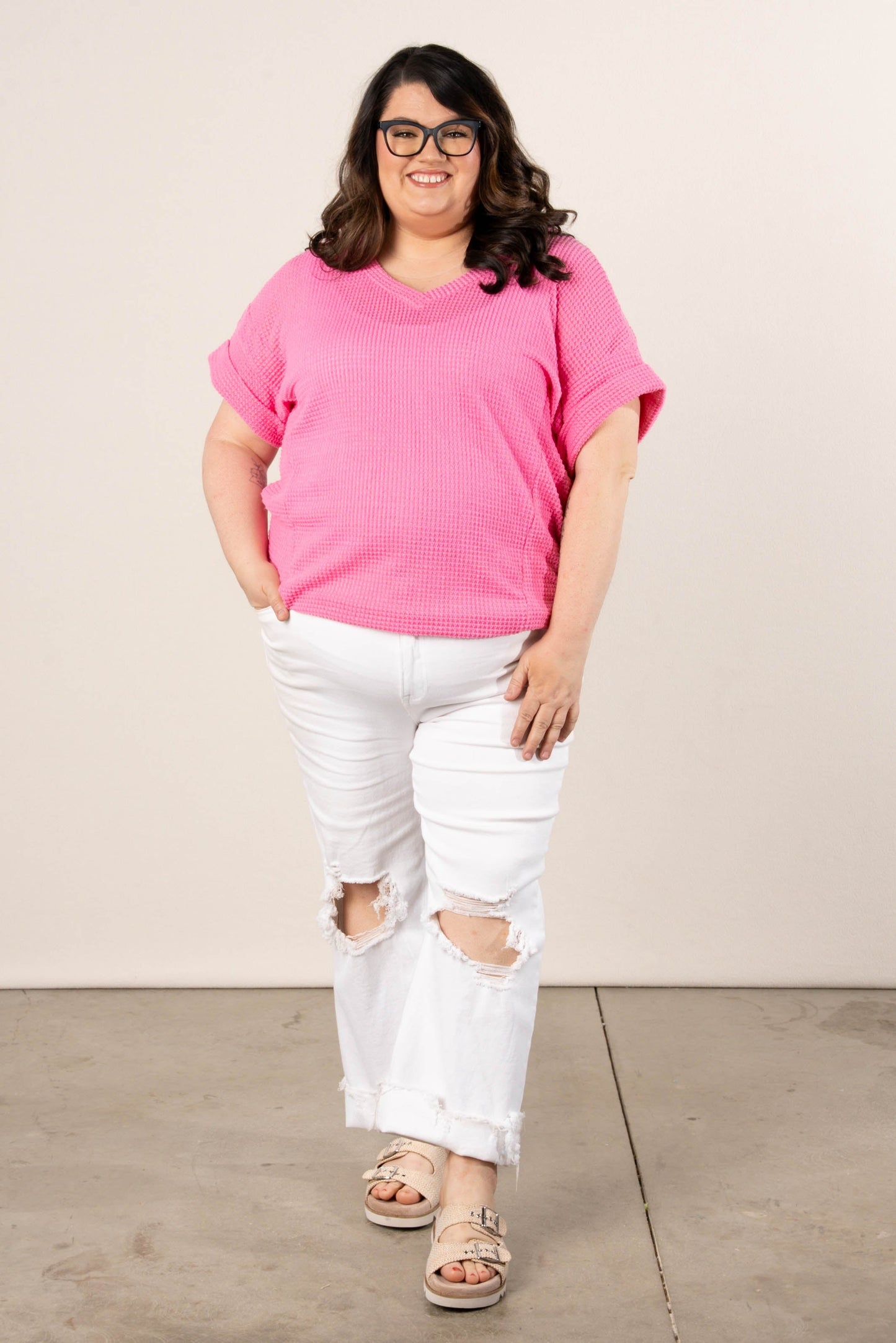 Waffle Knit Cuffed Sleeve Top