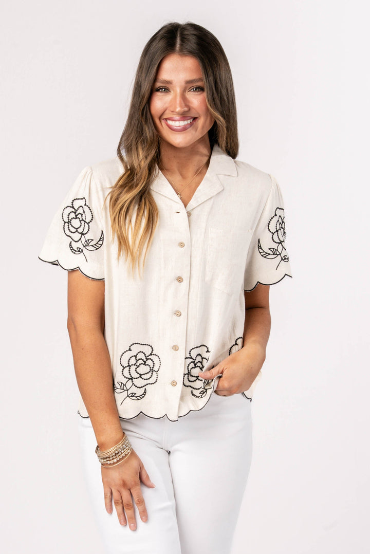 Floral Embroidered Scallop Edge Top
