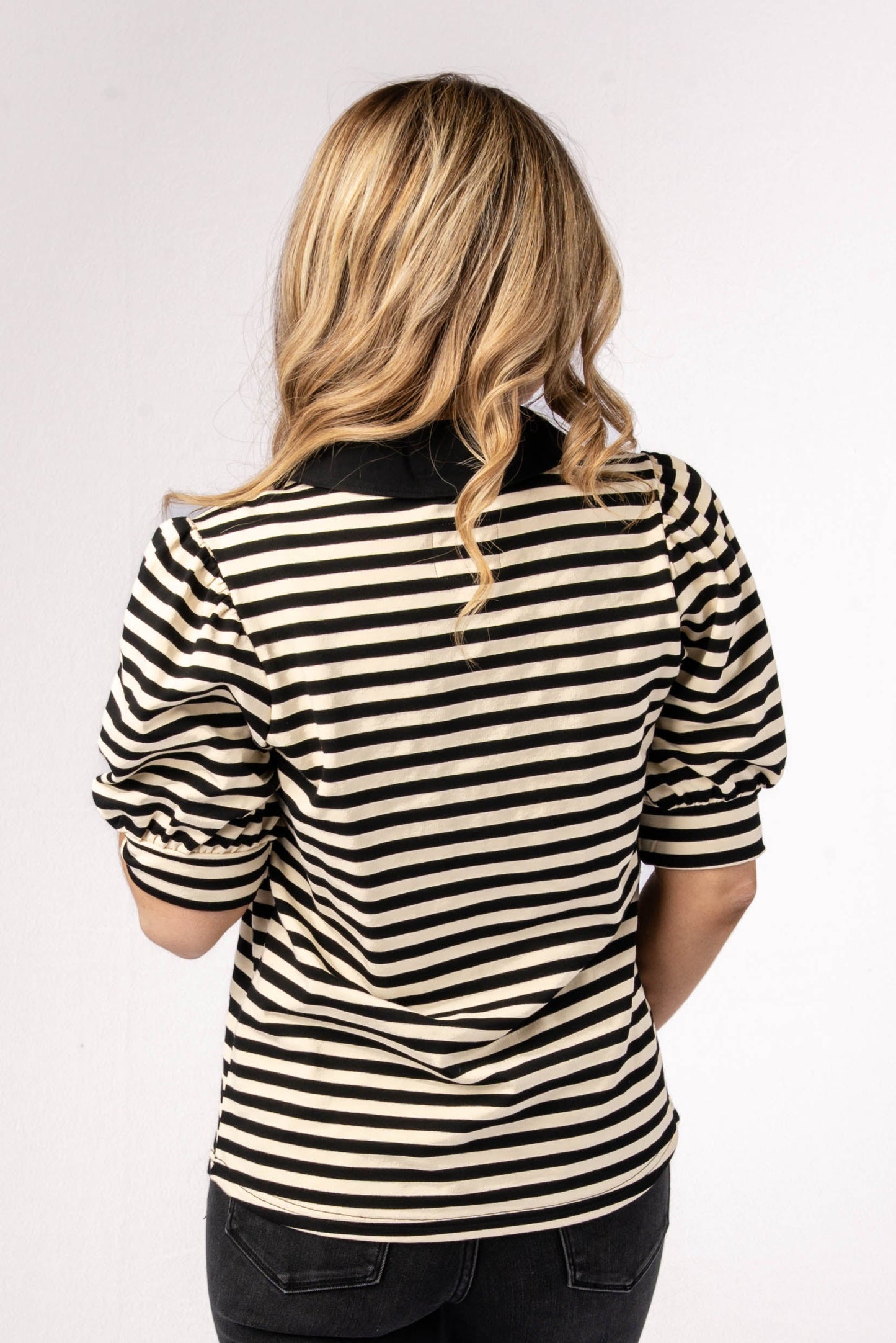 Striped Puff Sleeve Polo Top