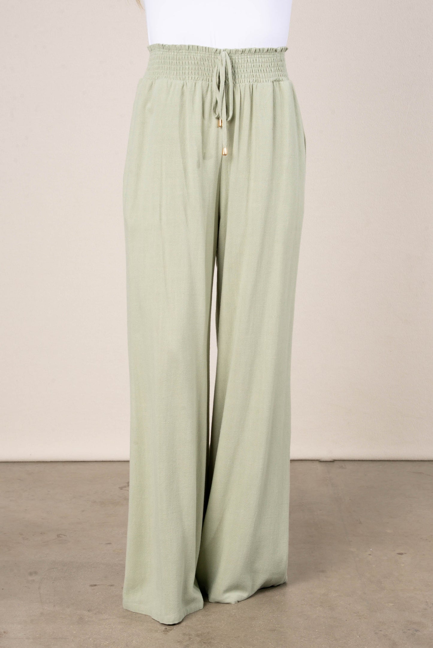 Linen Smocked Waist Wide Leg Pants