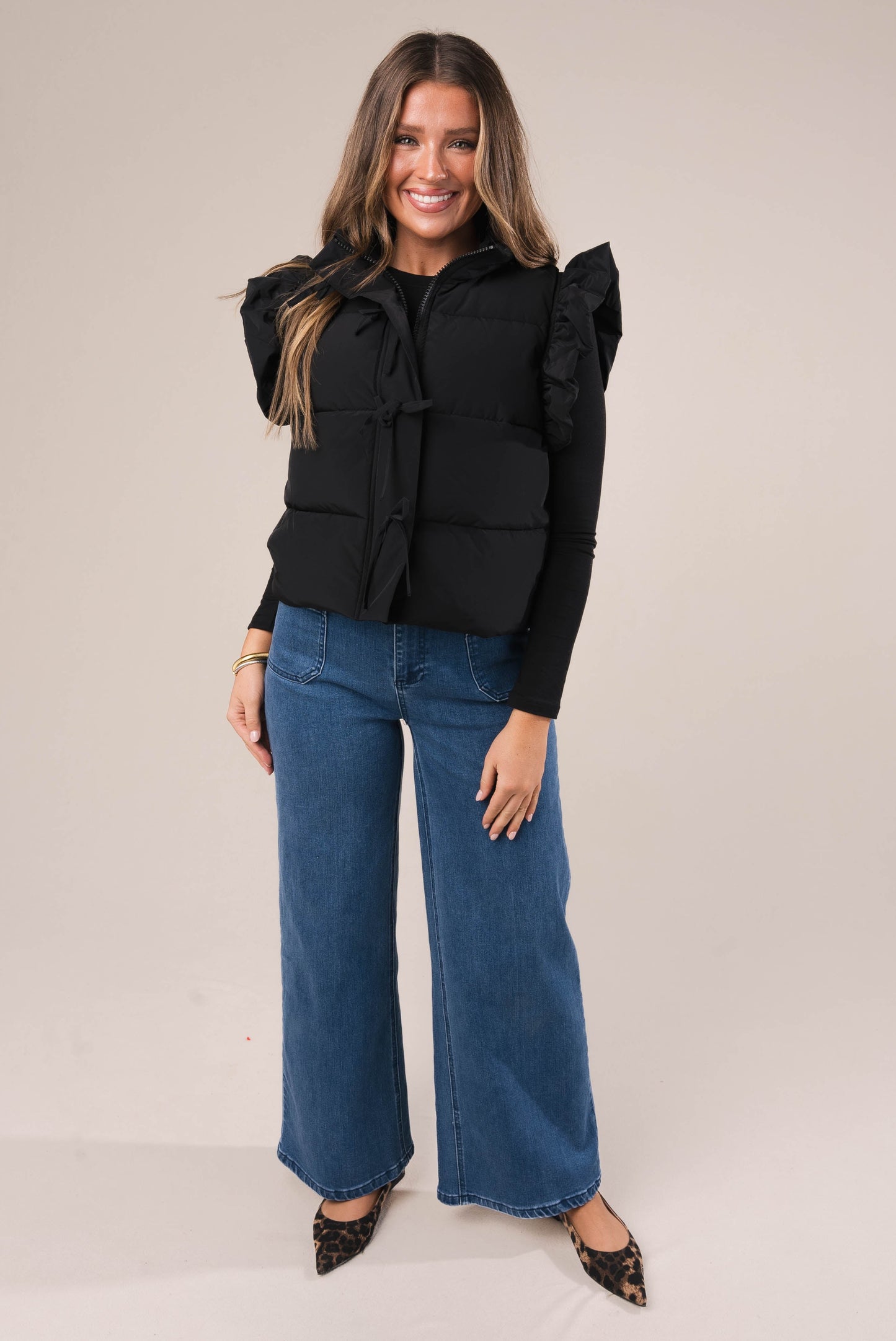 Ruffle Shoulder Bow Tie Puffer Vest *Final Sale*