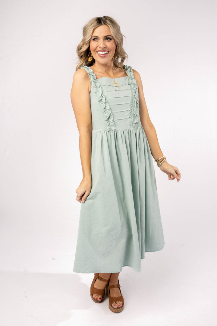 Pintucked Ruffle Detail Midi Dress Sage