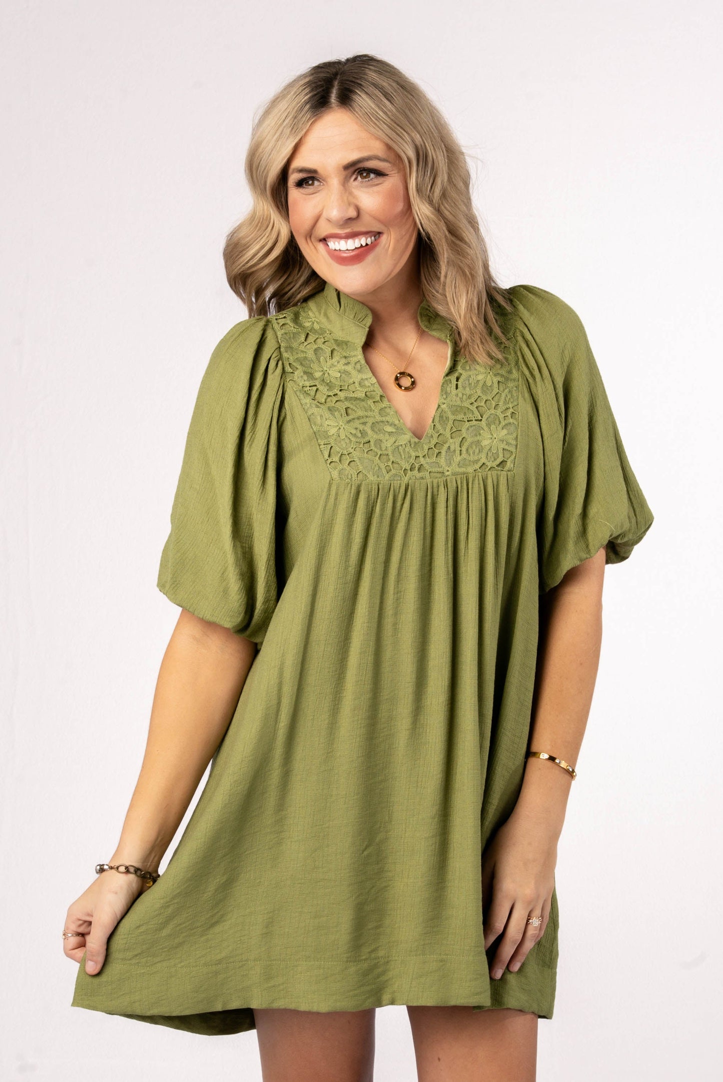 Lace Bodice Frill Neck Dress