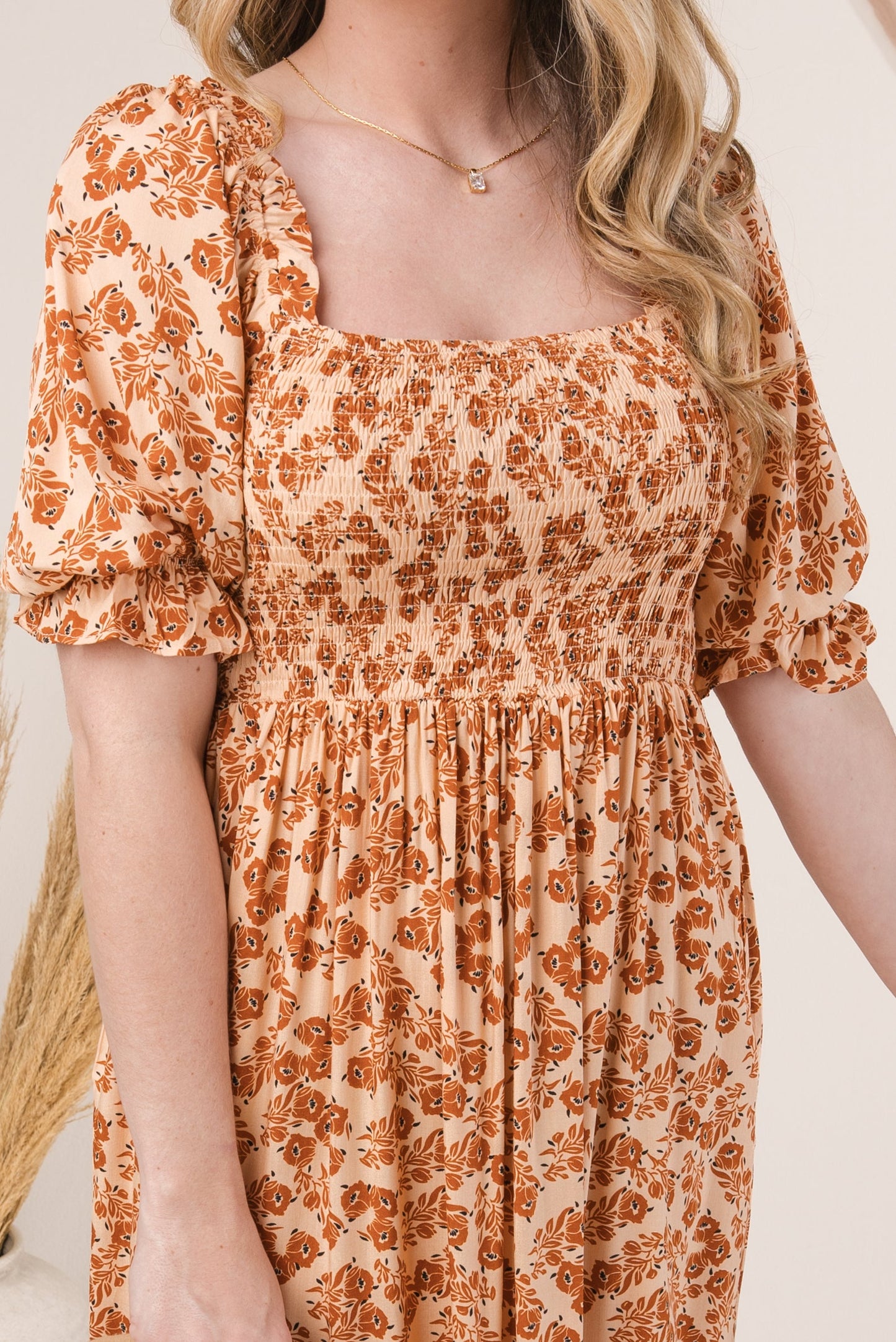 Floral Smocked Square Neck Midi Dress