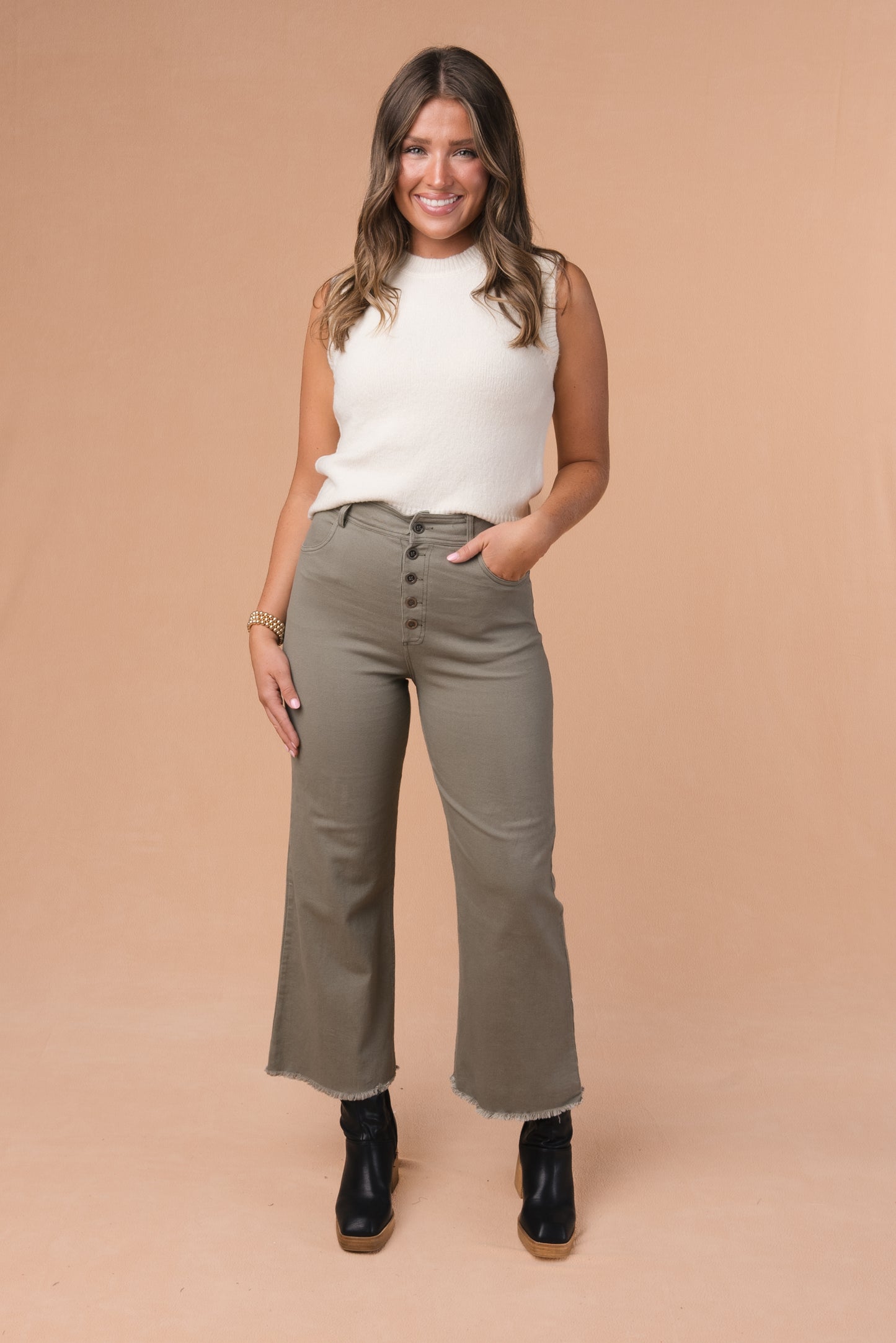 Button Fly Wide Leg Pants