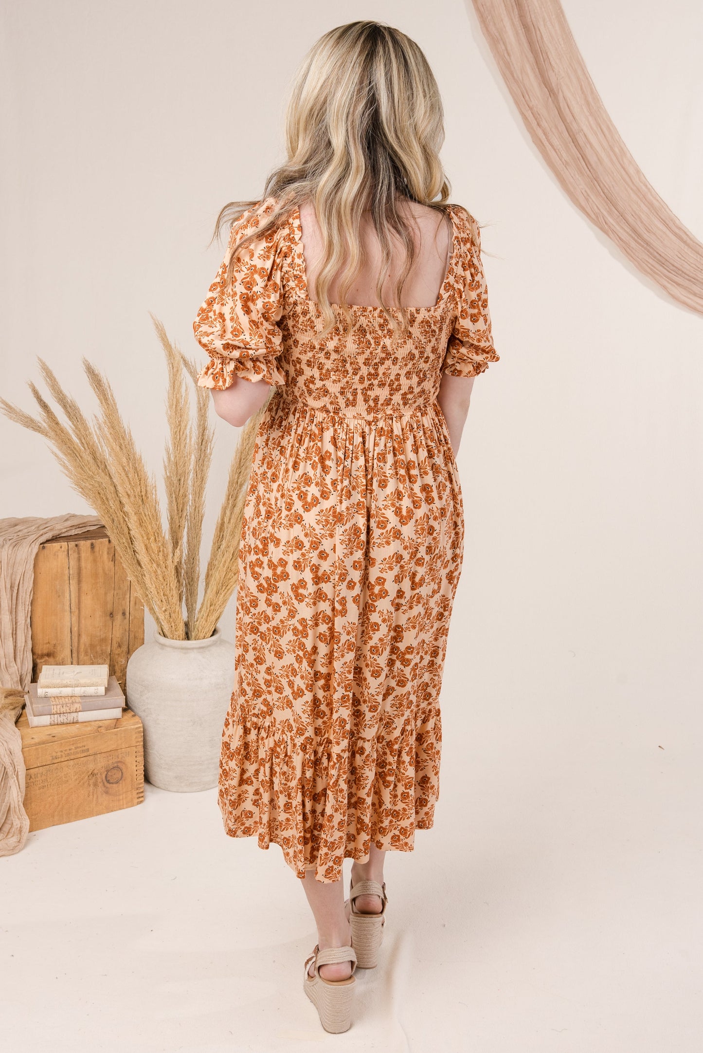 Floral Smocked Square Neck Midi Dress