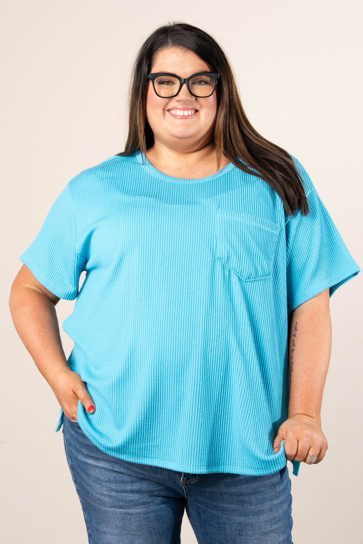 Ribbed Drop Shoulder Pocket Top