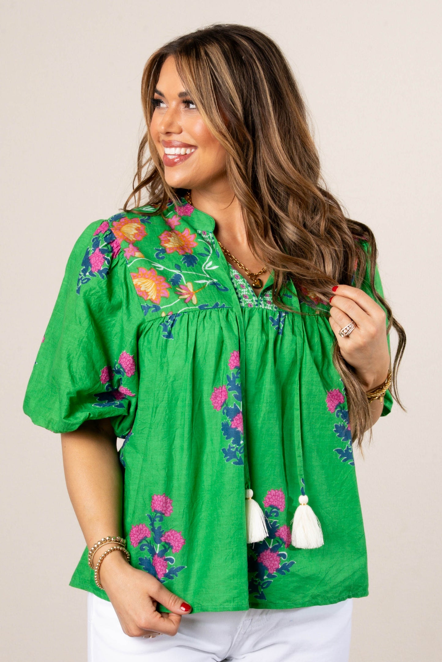 Floral Embroidered Tassel Tie Blouse