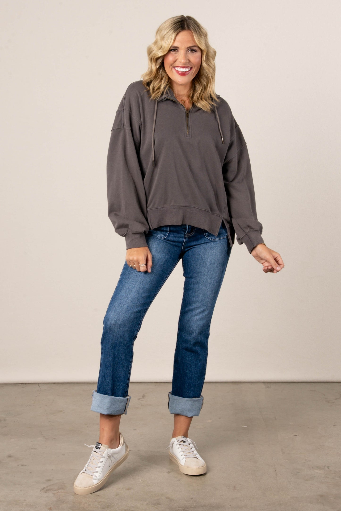 Half Zip Split Hem Hooded Pullover
